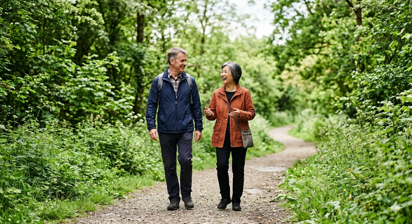 Two people are walking and talking on a forest trail surrounded by lush green trees and plants.