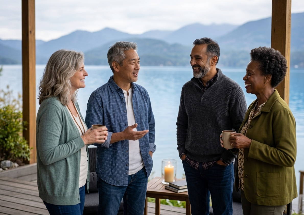 Four adults standing and chatting on a porch or deck overlooking a lake with mountains in the background, holding mugs, with a small table and a lit candle beside them.