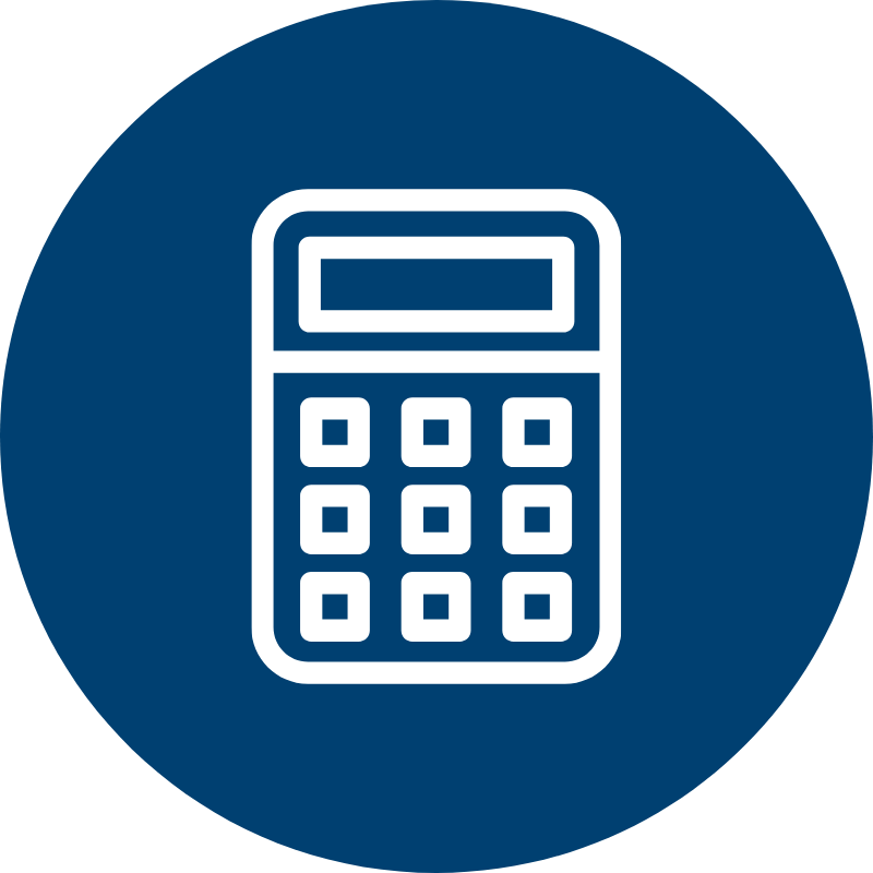 Icon of a calculator with a display screen and number buttons, surrounded by a dark blue circular background.