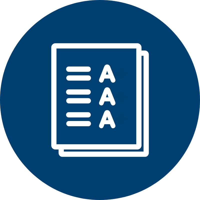 Icon of a ballot paper with three marks labeled A, placed inside a circular blue background.