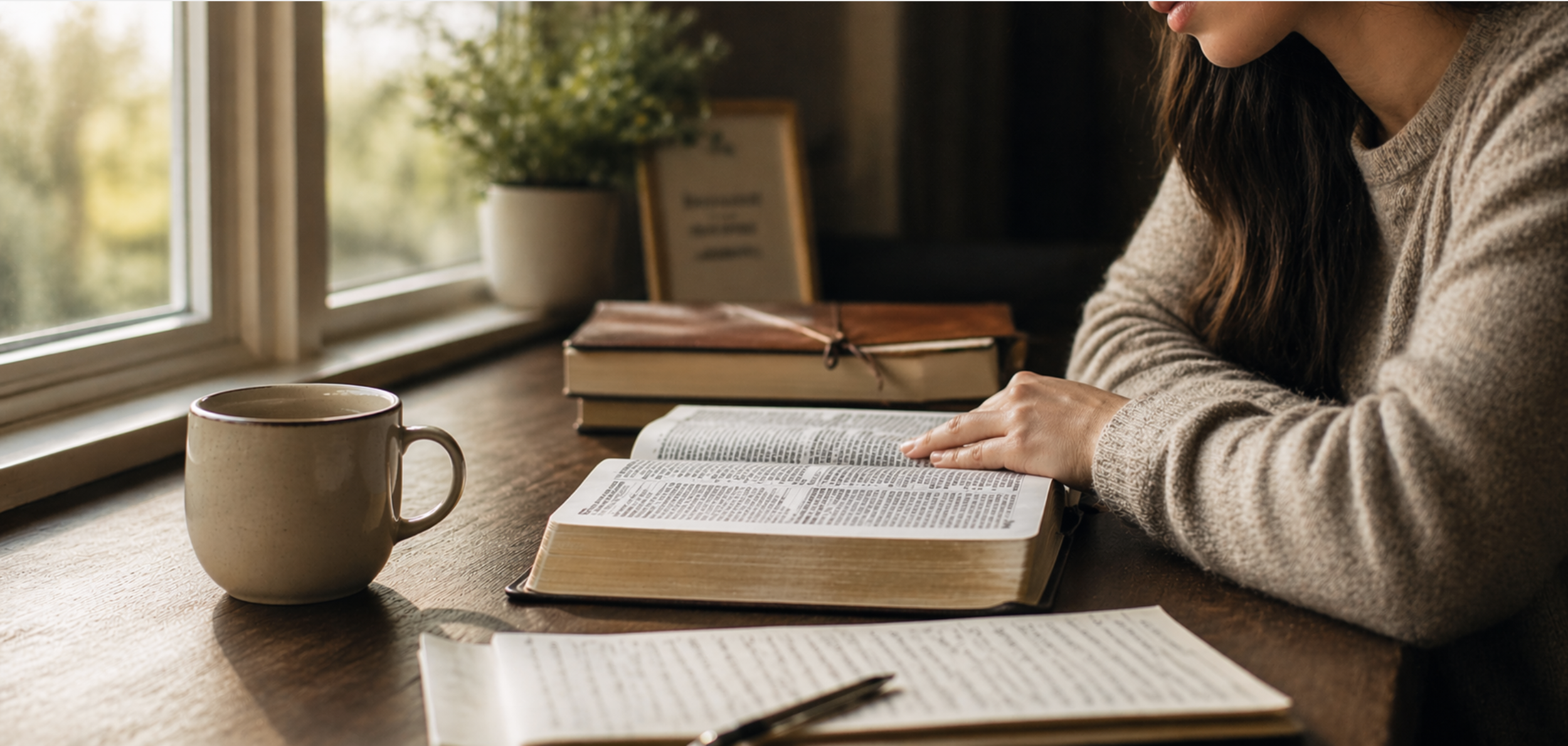 Person reading a book at a wooden table near a window, with a coffee mug, a closed book, and a framed sign on the table.