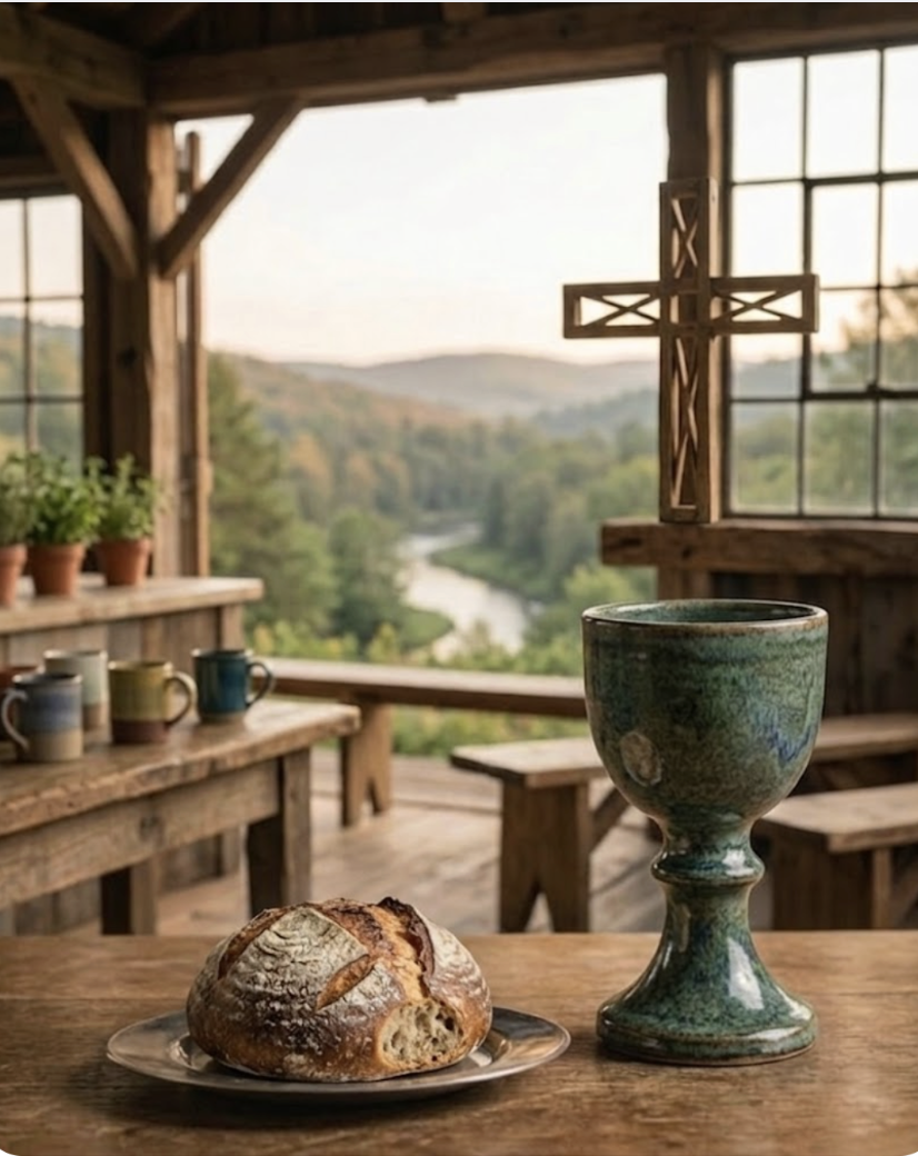 A rustic wooden table with a piece of bread on a plate and a green ceramic chalice, set inside a cozy wooden cabin with large windows overlooking a scenic river and forested hills at sunset.