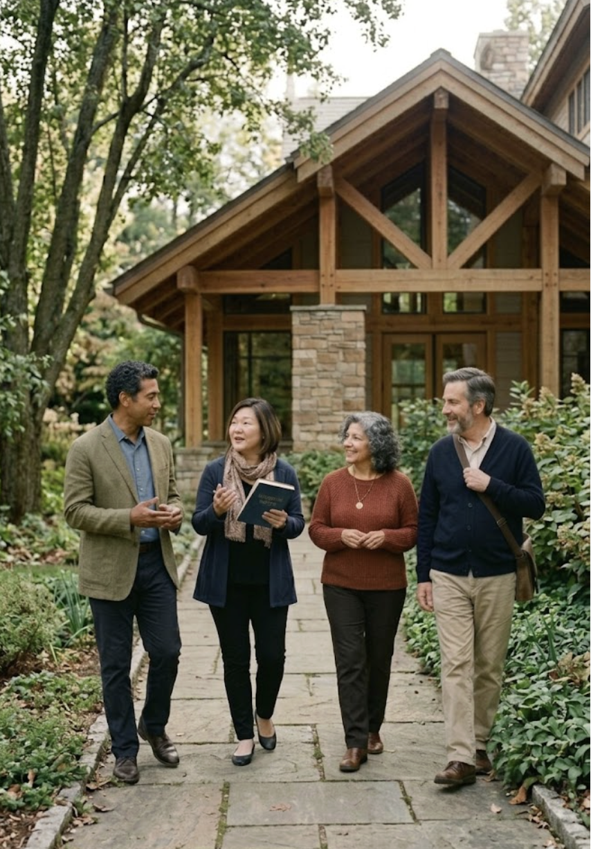 Four people walking and talking along a stone pathway in a garden area in front of a wooden house with large windows and stone accents. The group consists of two women and two men, all dressed in casual but neat clothing.