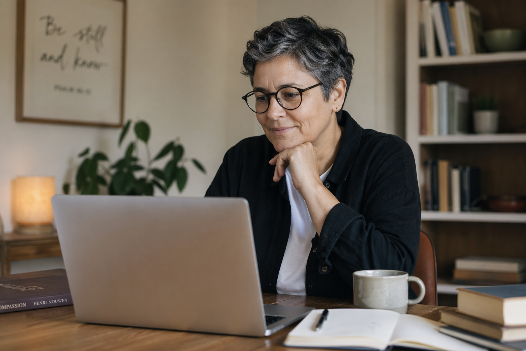 Woman with short gray hair and glasses working on a laptop at a wooden desk surrounded by books, with a plant and framed quote in the background.