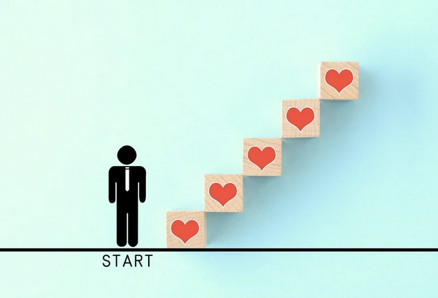 A person standing at the start of a staircase made of red hearts on wooden blocks, with the staircase ascending to the right.