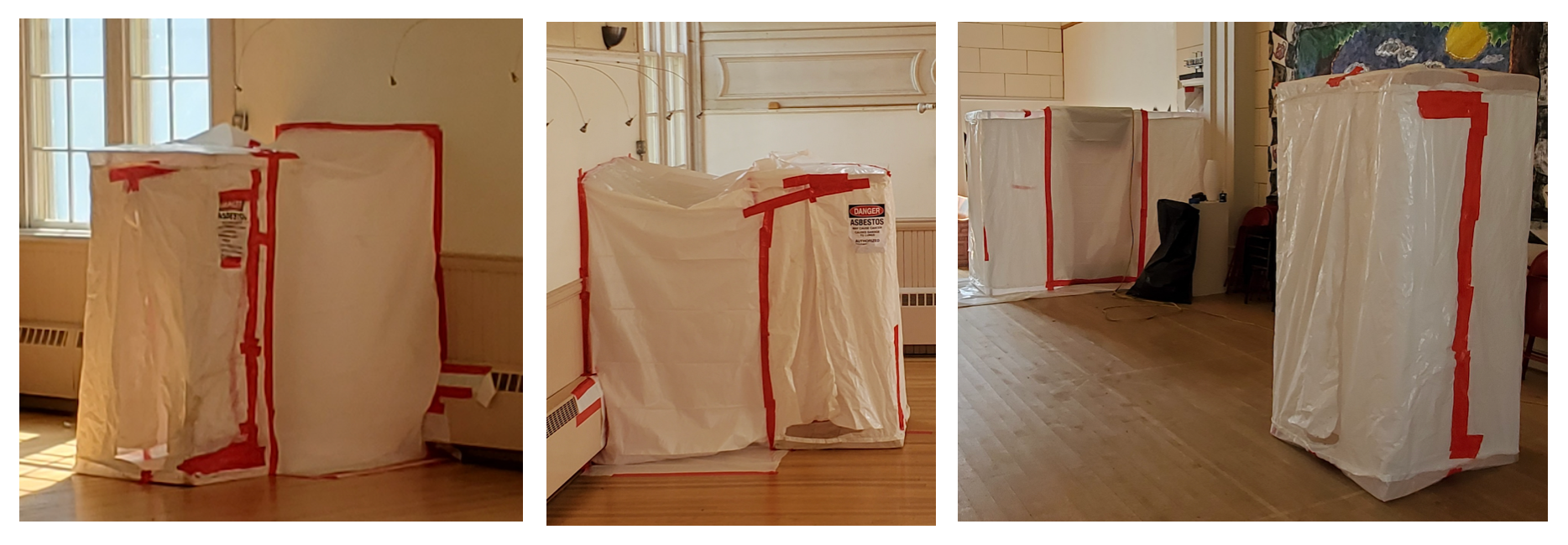 Three photos of a room with plastic-wrapped modules and a caution asbestos sign, indicating an asbestos removal process.