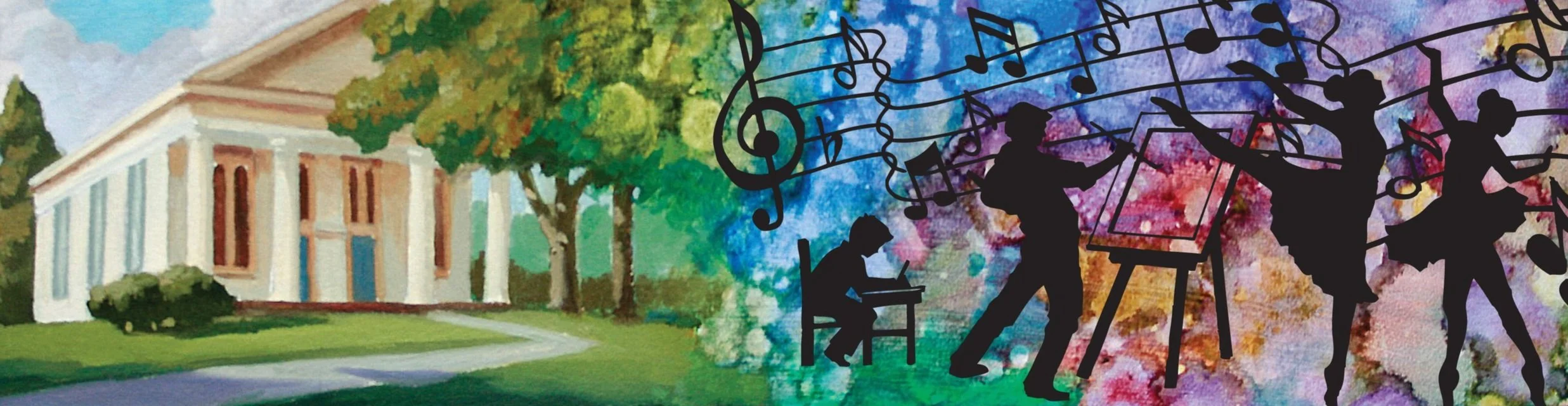 Painted illustration of a school building, trees, and a colorful background with silhouetted figures of children playing with musical notes and a conductor, suggesting a school band or music event.