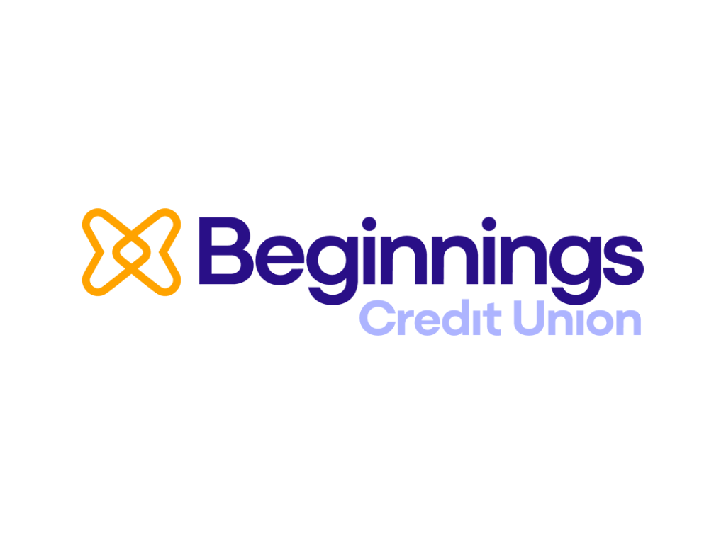 Logo of Beginnings Credit Union with an orange symbolic butterfly icon and bold text.