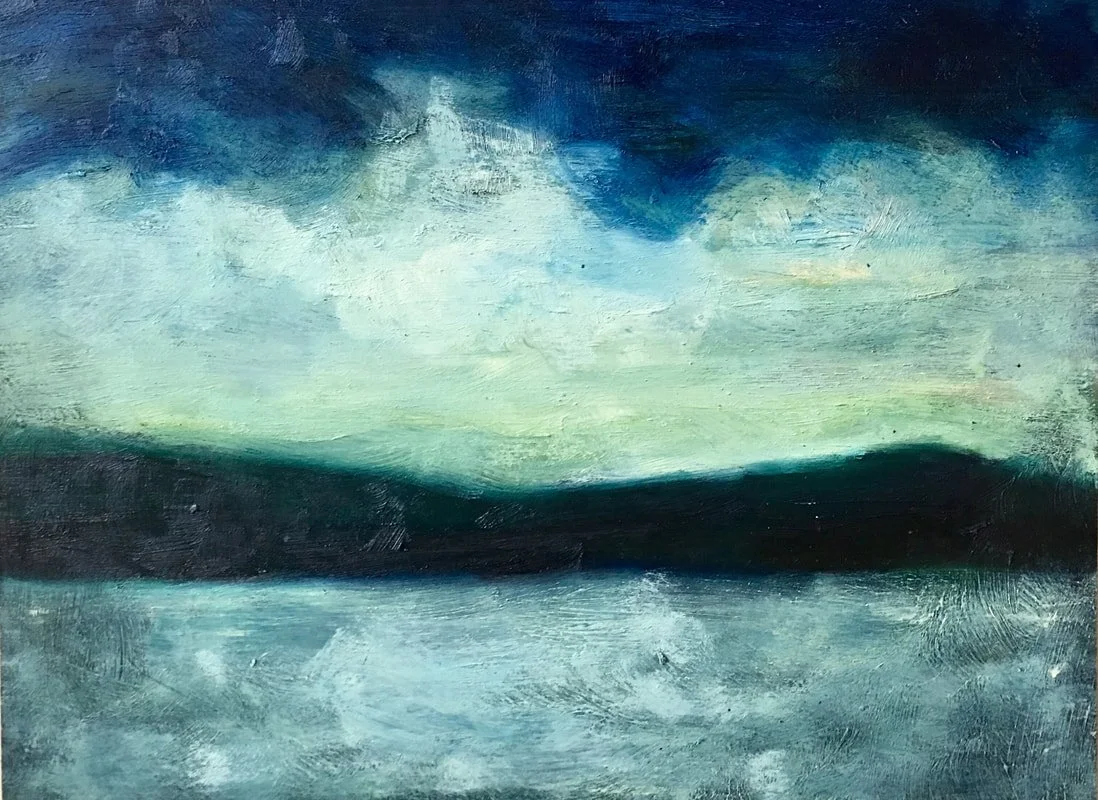 Abstract landscape painting depicting a cloudy sky reflecting on a body of water with distant hills.