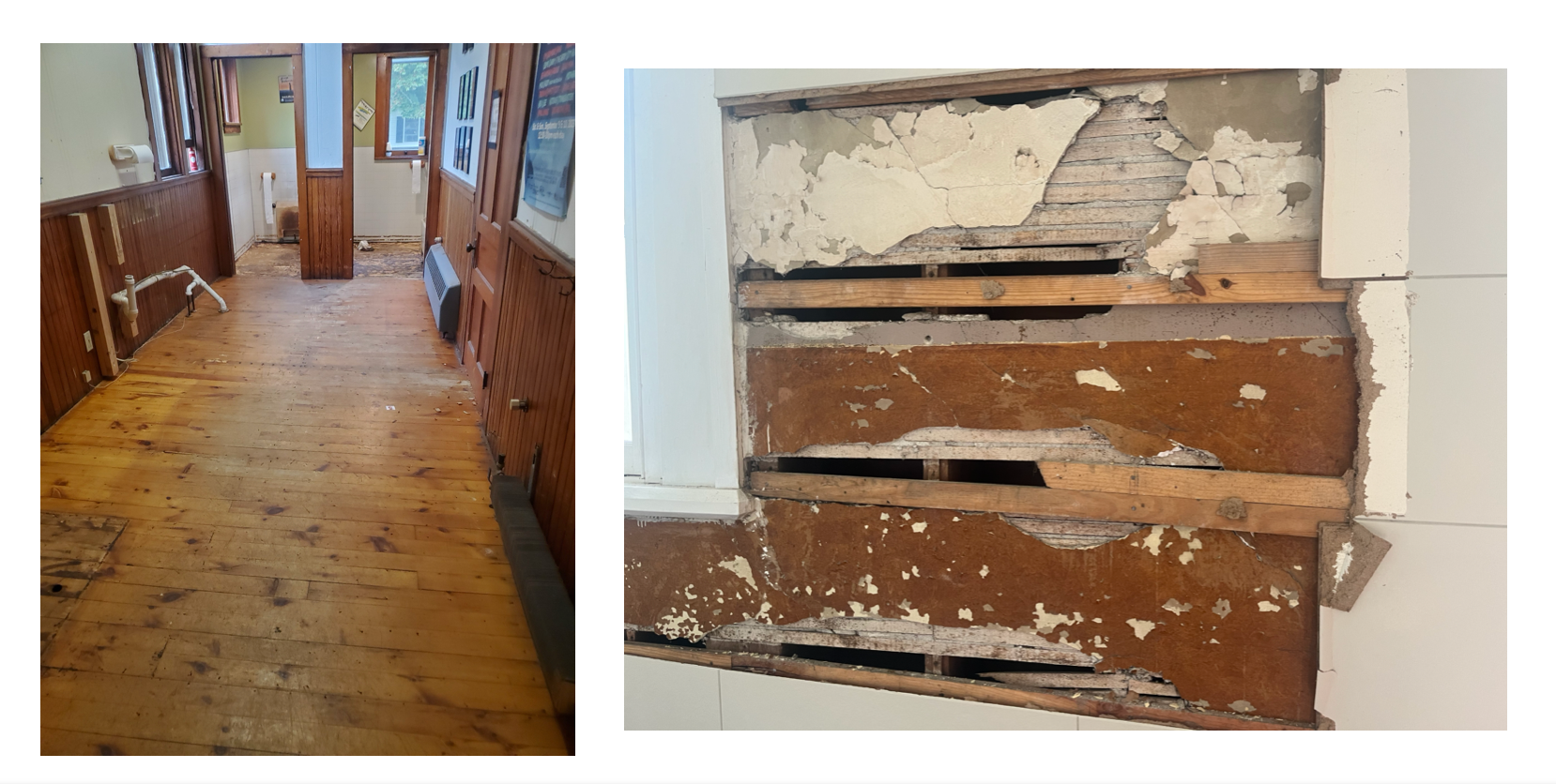 Left image shows a rustic wooden floor hallway with wooden paneling on the walls and several windows. Right image shows a wall with damaged and peeling paint, exposing wooden framing and drywall behind.