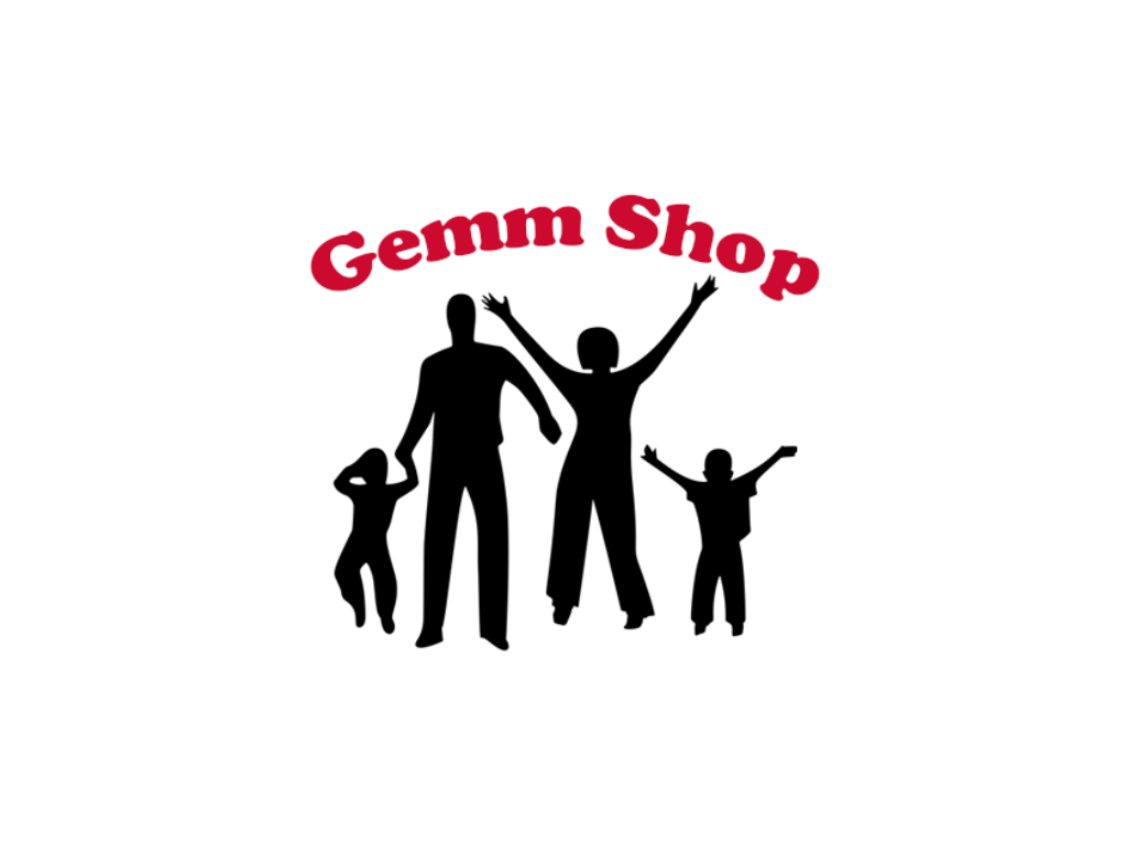 Logo with silhouette of a family of four with arms raised, with the text 'Gemm Shop' above them in red, on a white background.