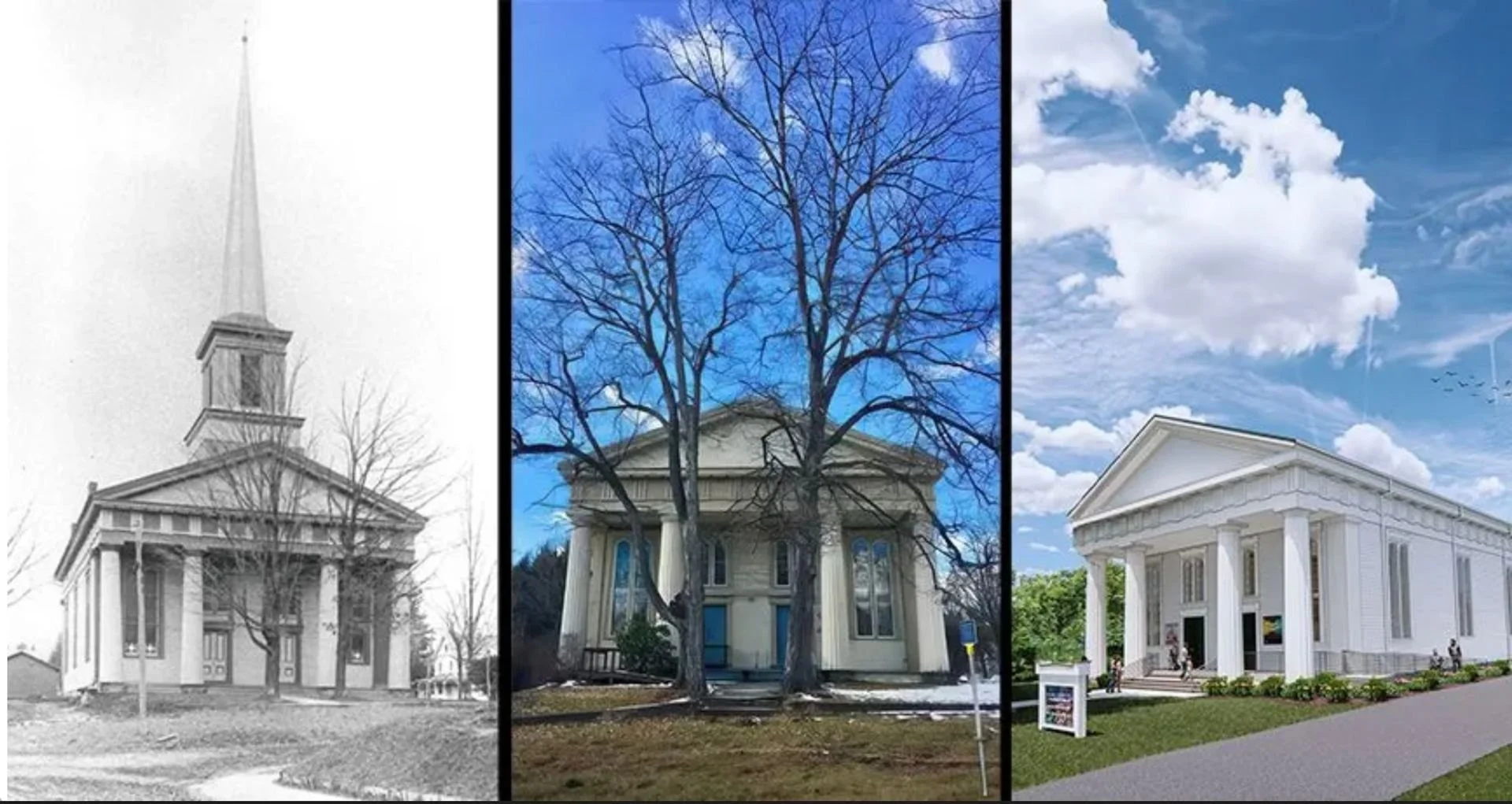 Progression of a church building from an old black-and-white photo to a color photo and finally to a modern, renovated version with a blue sky and clouds in the background.