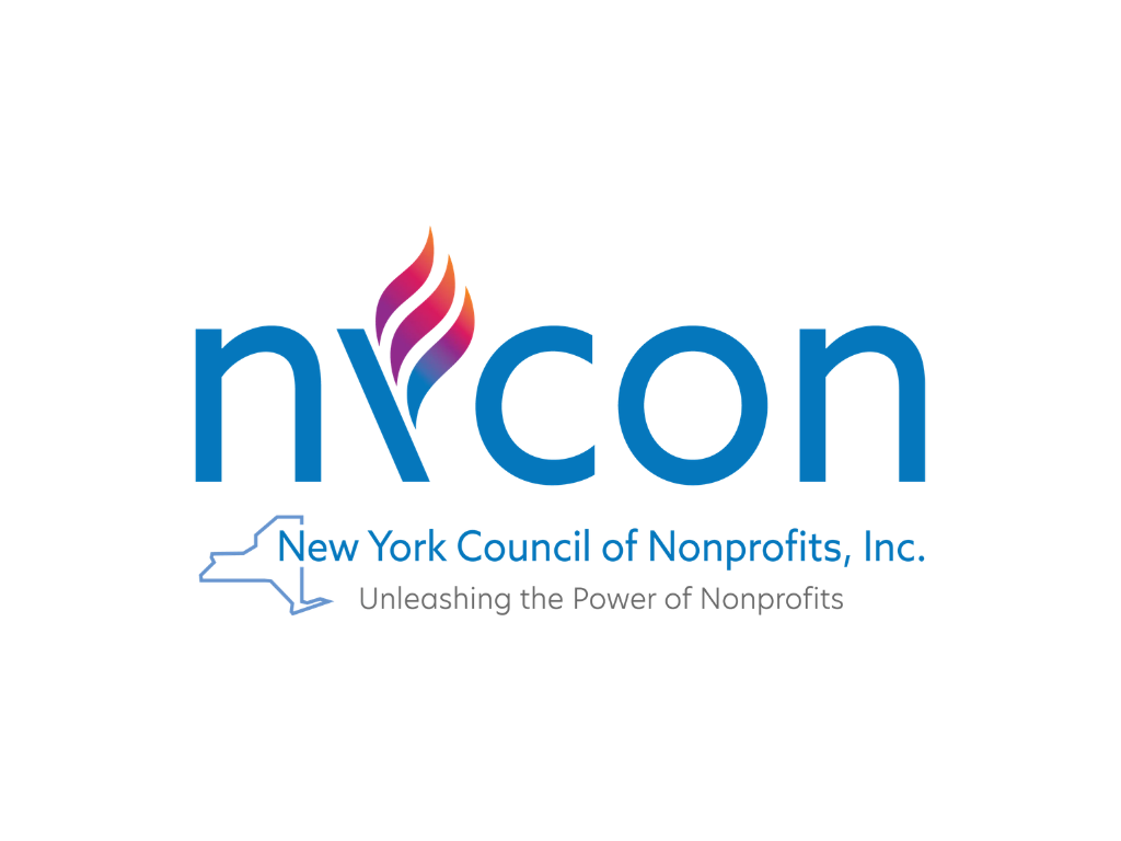 Logo for the New York Council of Nonprofits (NYCON) with a stylized flame above the letter 'v' in 'nycon', an outline of the state of New York, and the slogan 'Unleashing the Power of Nonprofits'.