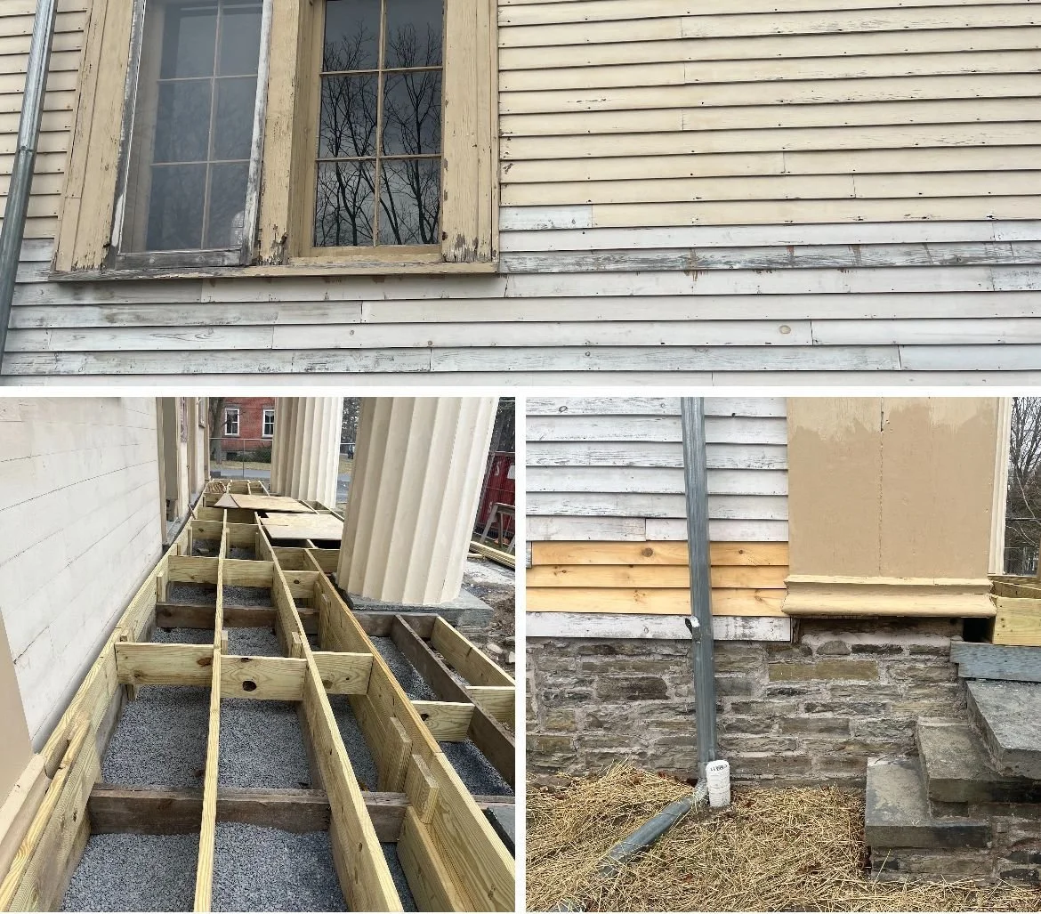 Collage of renovation work on the TCFA exterior: top shows a weathered window frame, bottom left shows a new wooden porch framework, bottom right shows a house foundation with siding and a downspout.