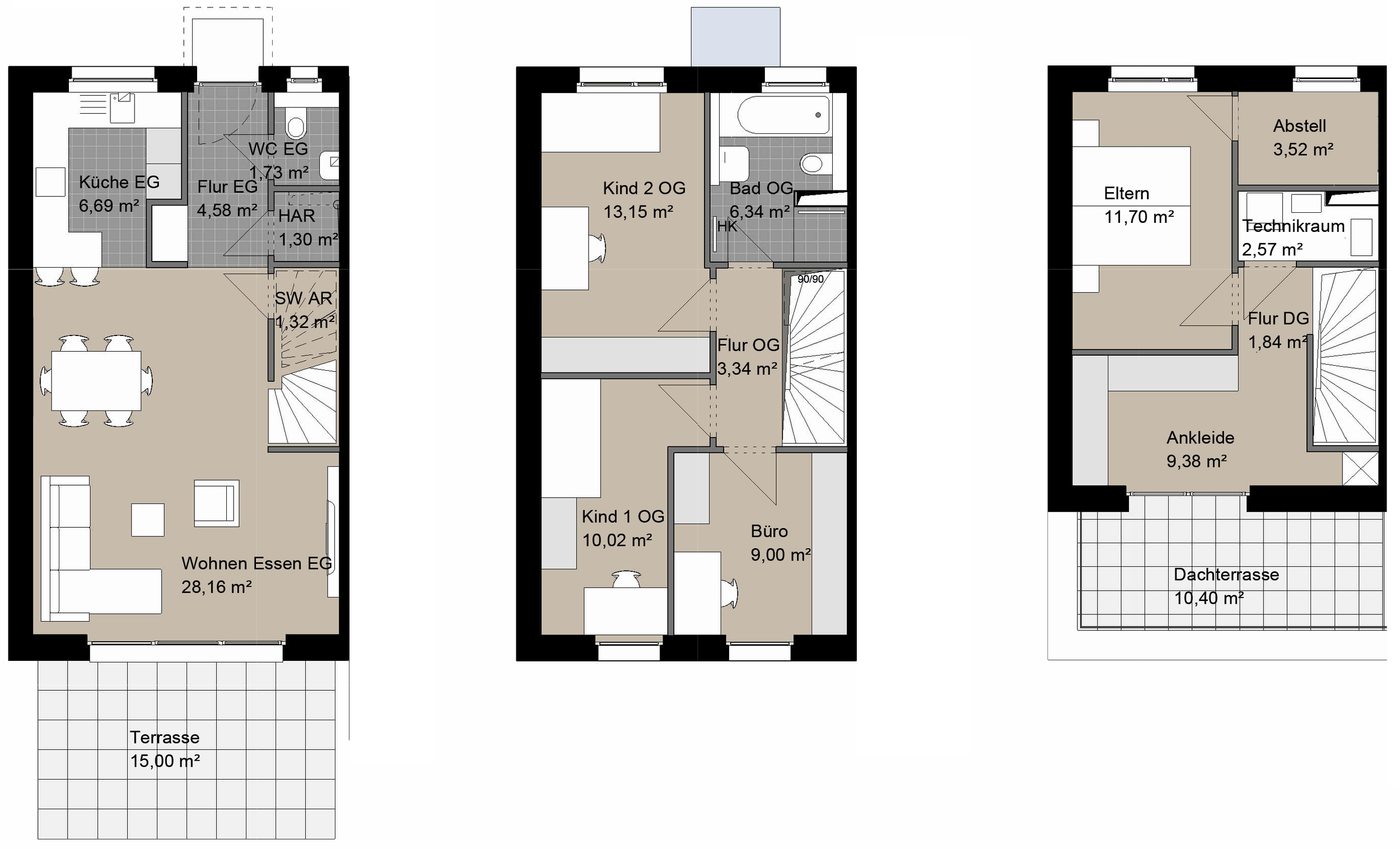 Grundriss eines dreistöckigen Hauses mit Terrassen und verschiedenen Räumen, inklusive Küche, Wohnzimmer, Schlafzimmer, Badezimmer und Abstellraum.
