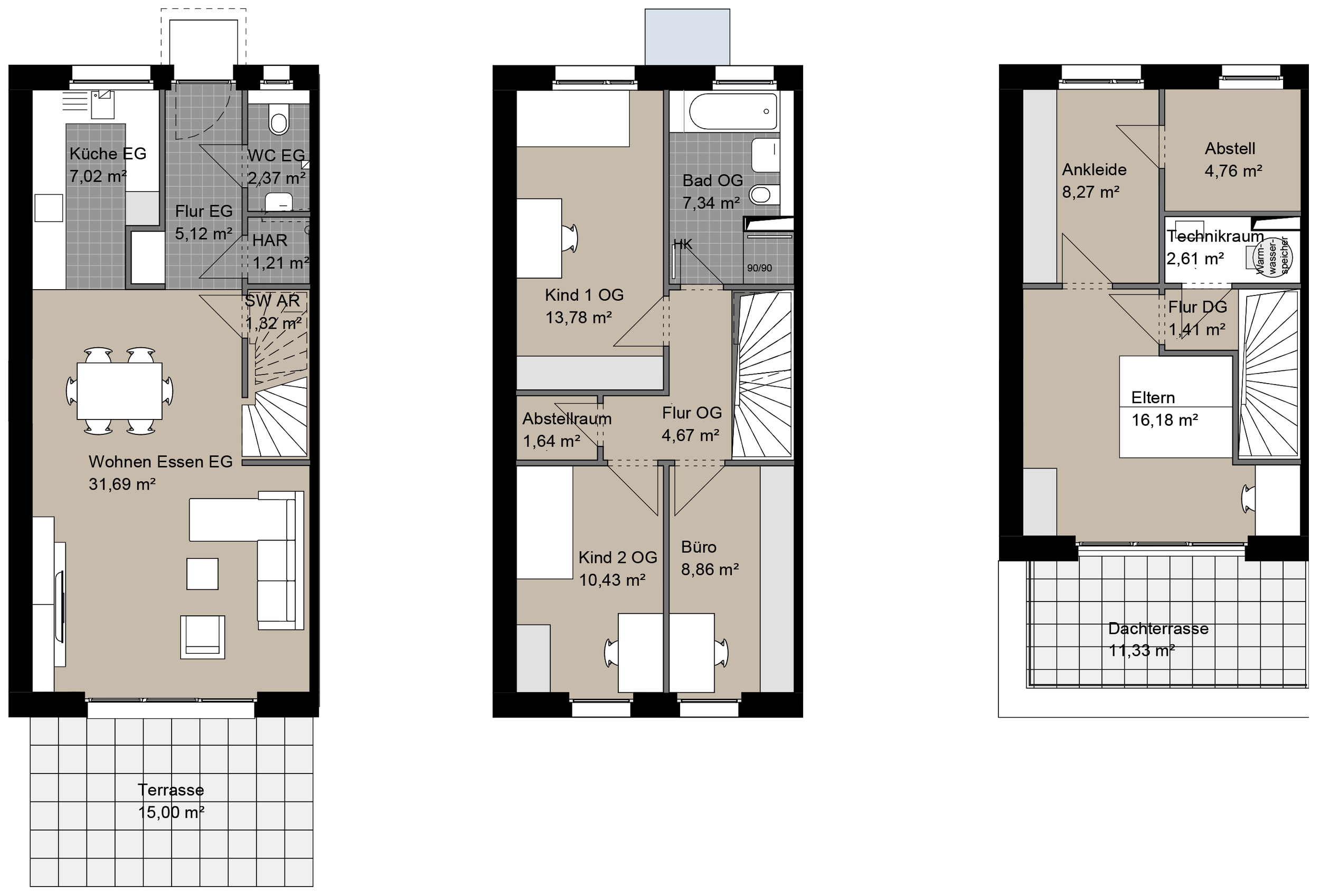 Grundriss eines dreistöckigen Hauses mit Terrasse im Erdgeschoss, Schlafzimmer, Kinderzimmer und Büro im Obergeschoss sowie einem Elternschlafzimmer mit Dachterrasse im Dachgeschoss.