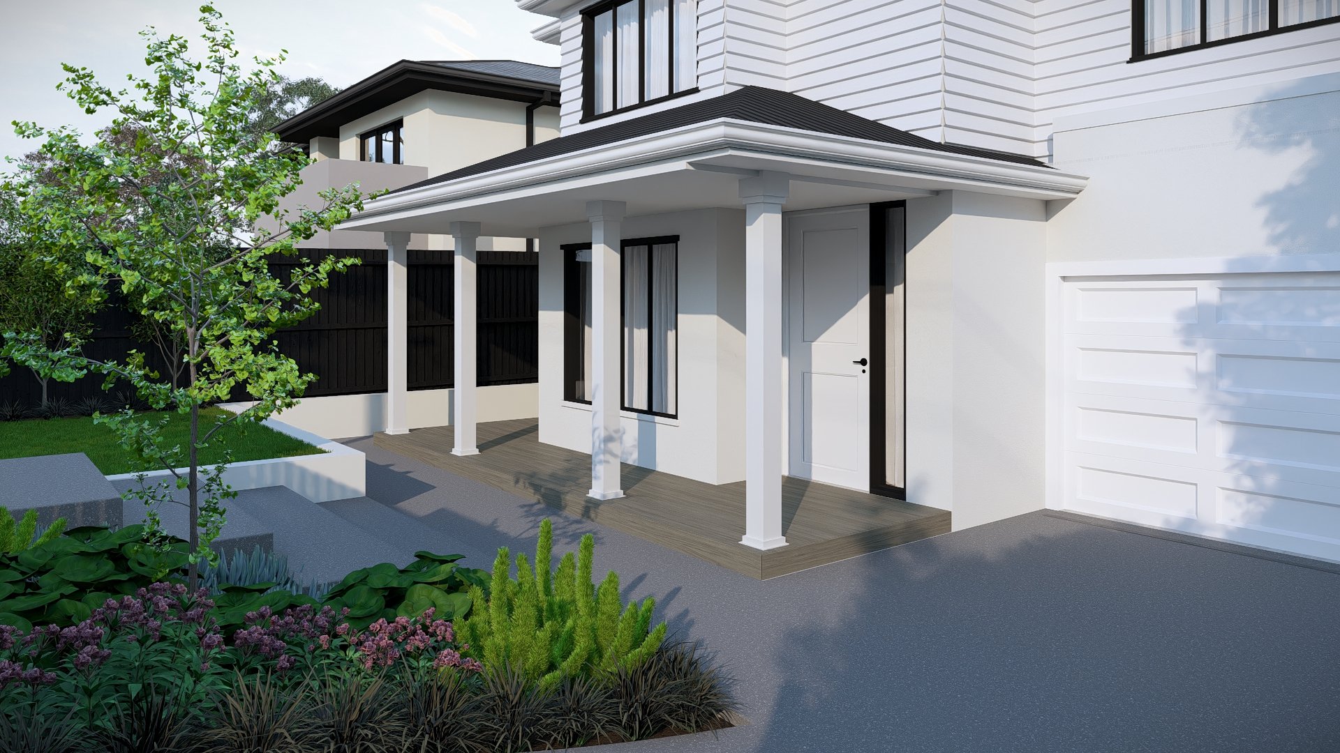 Modern house with white exterior, black roof, porch with white columns, windows, and a white garage door, surrounded by landscaped garden with bushes and a small tree.