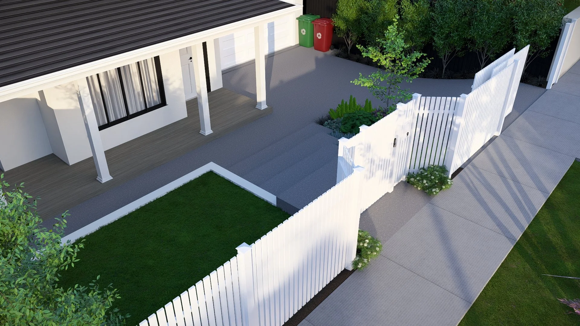 A suburban front yard with a white picket fence, green lawn, sidewalk, and a house with a porch and a window, green and red trash bins outside, and trees and bushes in the background.