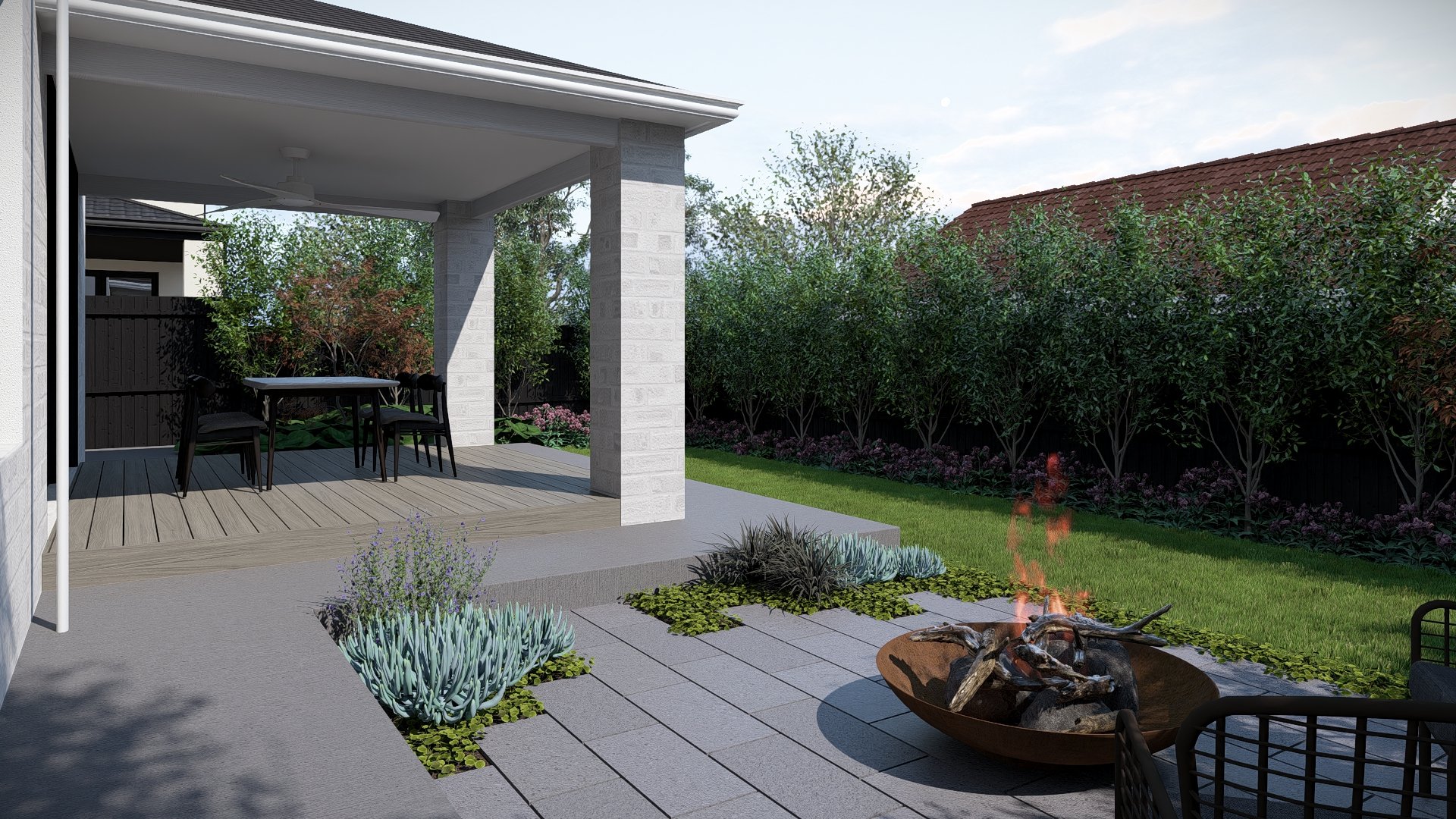 Backyard patio with a fire pit, outdoor seating, a covered porch with a ceiling fan, and lush green trees and bushes in the background.