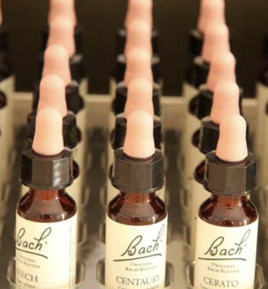 Rows of small amber glass bottles labeled Bach, each with a black dropper cap. The droppers are inserted into the bottles, lined up in a grid pattern.