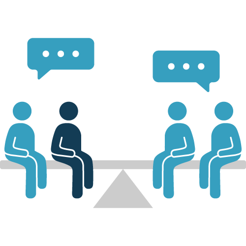 Four cartoon people sitting on benches having a conversation, with speech bubbles above their heads.