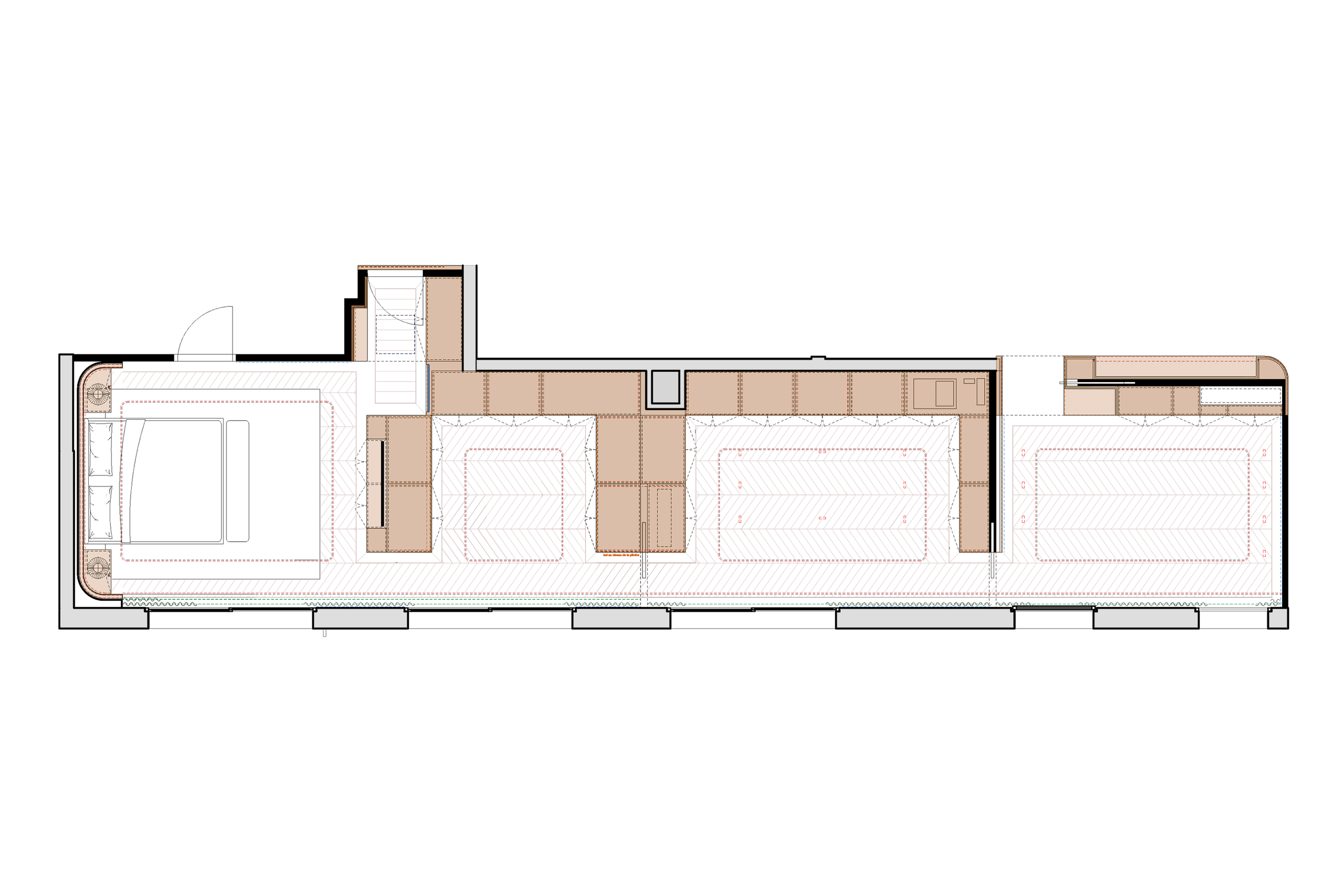  La distribution intérieure a été entièrement réorganisée afin de créer quatre chambres en suite et une aile master comprenant dressing en enfilade, bureau et espace yoga. Les circulations sont clarifiées et les usages sont hiérarchisés selon les bes