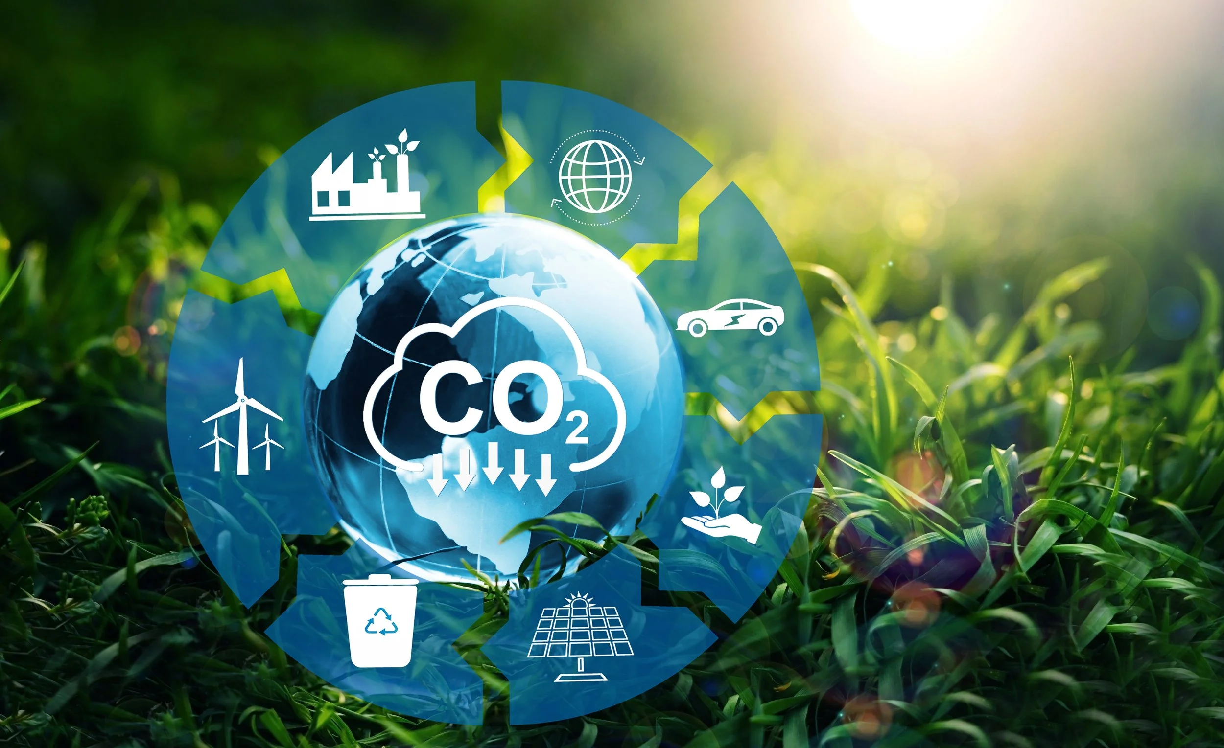 Illustration of a globe with CO2 emissions icons, surrounded by eco-friendly symbols including wind turbines, solar panels, a recycling bin, a tree, a hand holding a plant, a car, a factory, and a globe, set against a grassy background with sunlight.