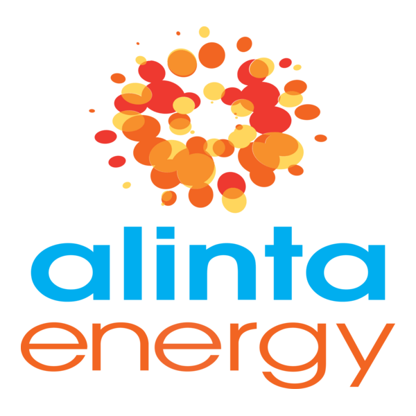 Logo for Alinta Energy featuring a cluster of orange and yellow circles above the company name in blue and orange text.