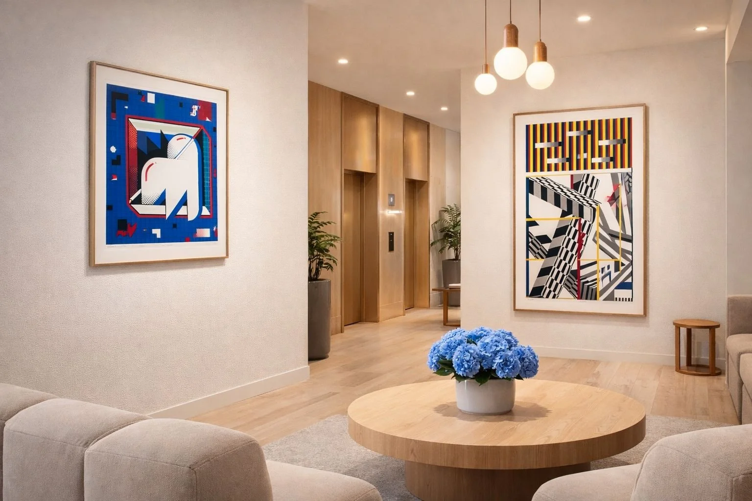 Modern hotel lobby with abstract artwork on walls, a round wooden table with blue hydrangeas, beige seating, and wooden elevator doors with potted plants.