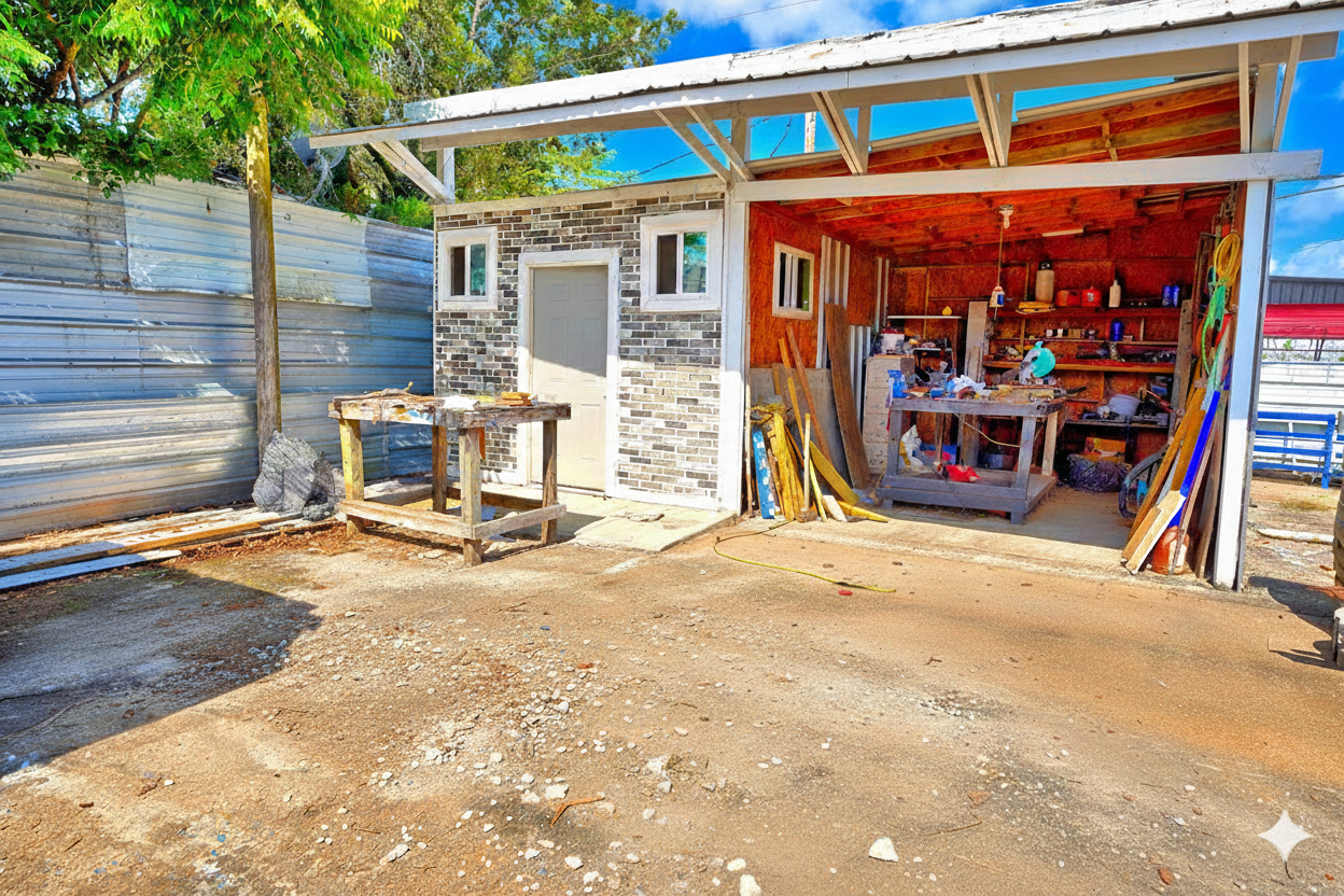 A partially constructed garage with a brick and wood exterior, open front, and a workbench inside. The area in front is dirt and gravel with some construction materials and tools scattered around.