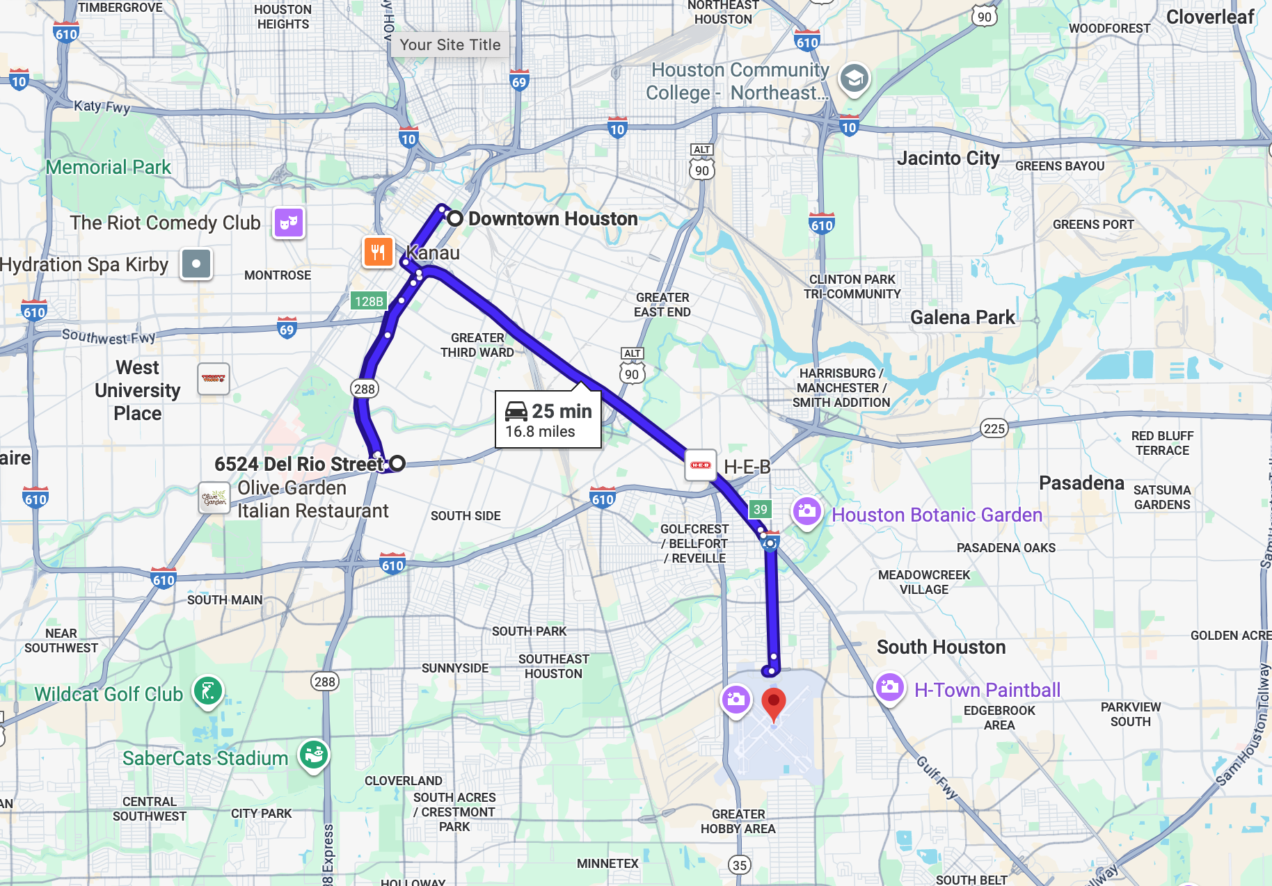 Map showing a driving route in Houston, Texas, from 6524 Del Rio Street to Downtown Houston, passing through areas like West University Place and South Houston.