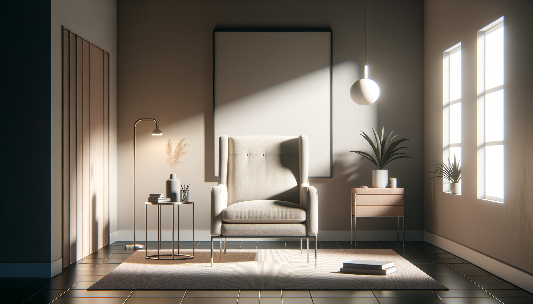 Minimalist living room with a white armchair, side tables with plants and books, a hanging pendant light, and natural light from large windows.