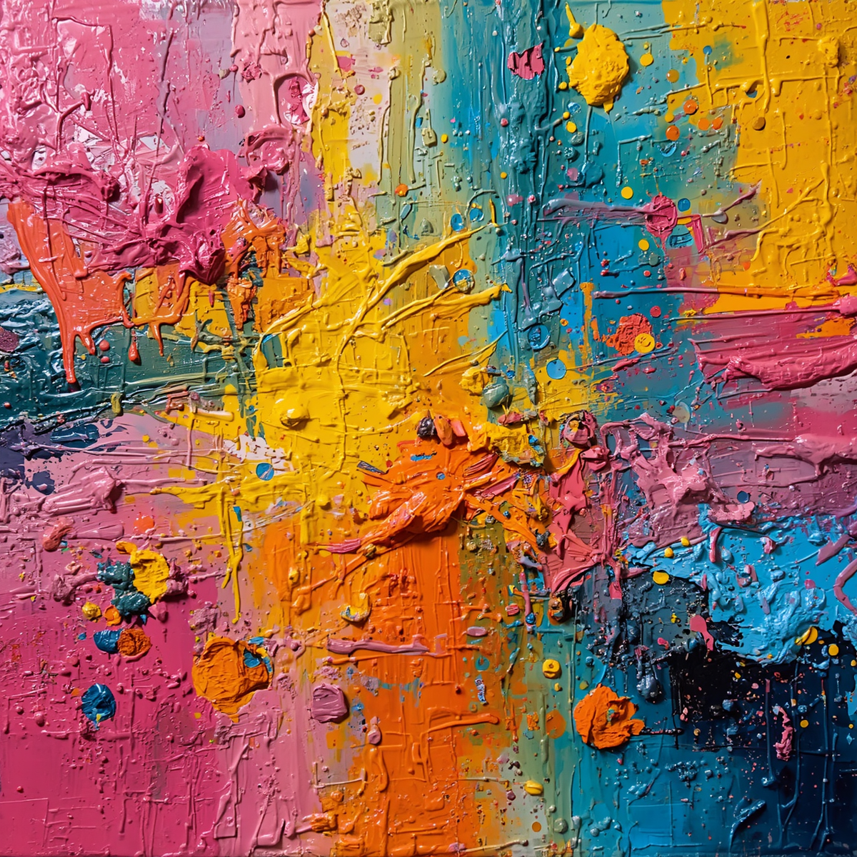 Abstract colorful acrylic paint splattered and textured on canvas with vibrant pinks, yellows, blues, orange, and purple.