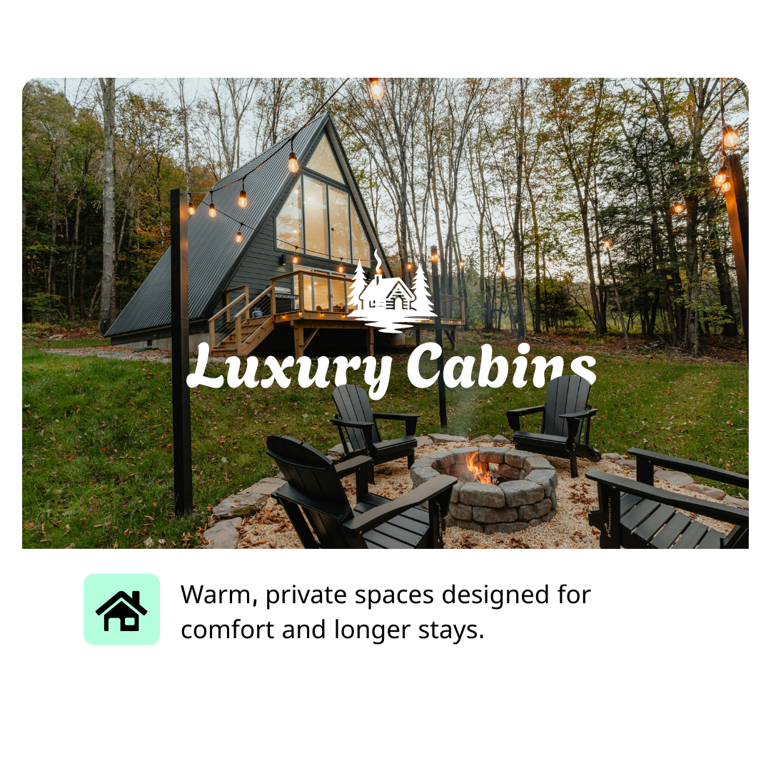 Luxury Cabins, Warm interiors and private spaces for longer stays and family gatherings.