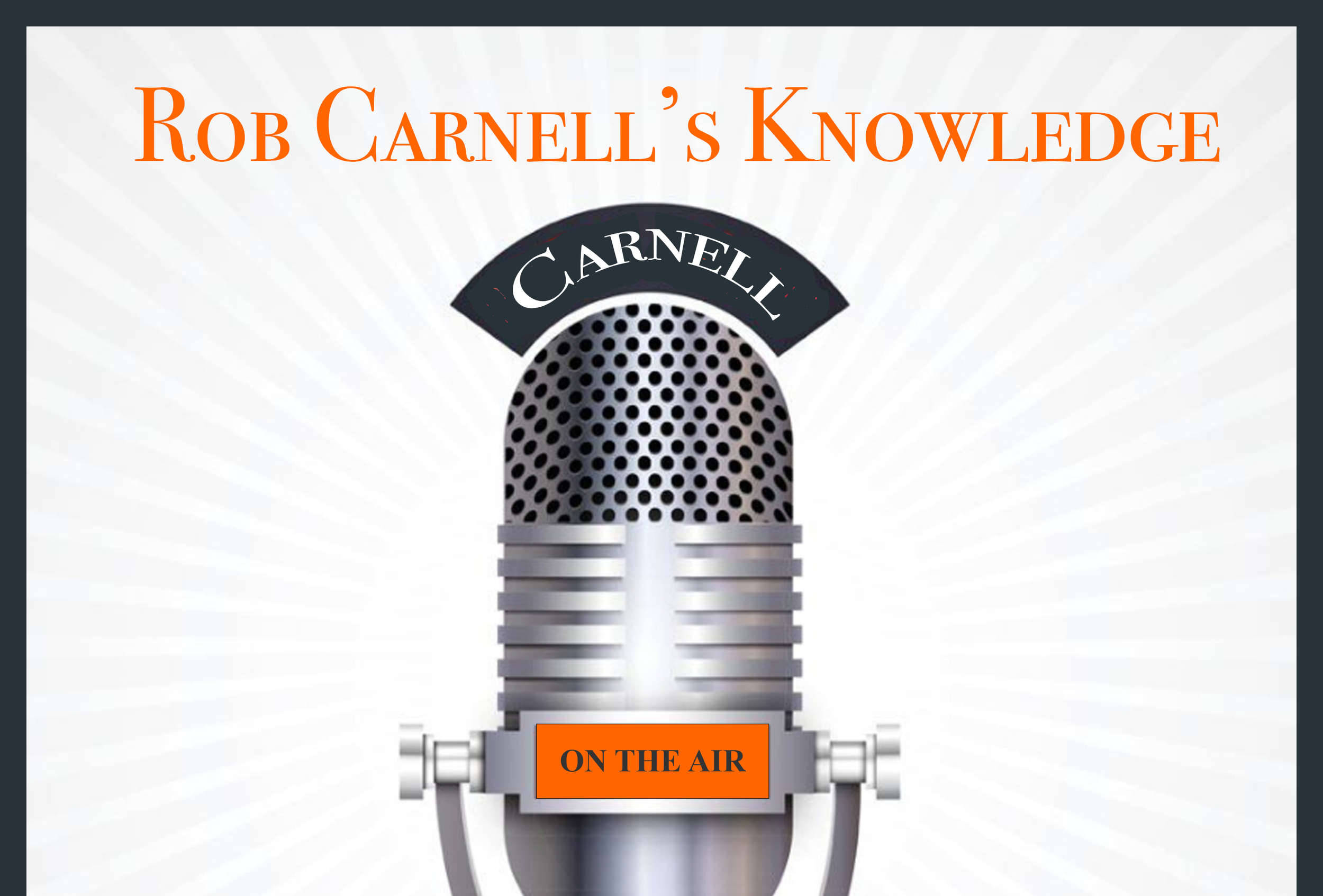 Cover for Rob Carnell's knowledge podcast featuring a silver microphone with an orange 'On the Air' sign, and text indicating the podcast is 'Rob Carnell's Knowledge'.