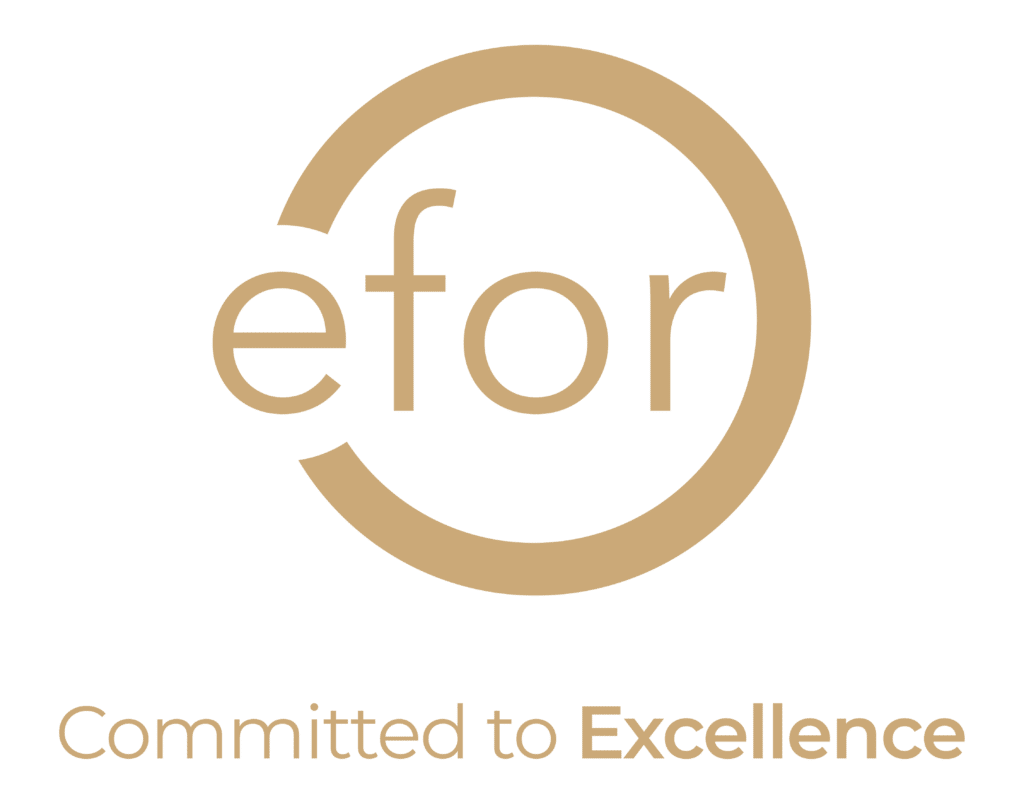 Logo avec le mot 'efor' entouré d'un cercle et le slogan 'Committed to Excellence' en dessous.