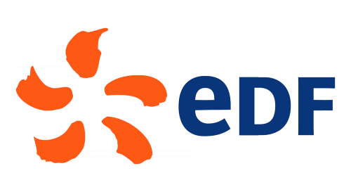 Logo EDF avec un symbole orange stylisé au-dessus du texte bleu 'EDF'.