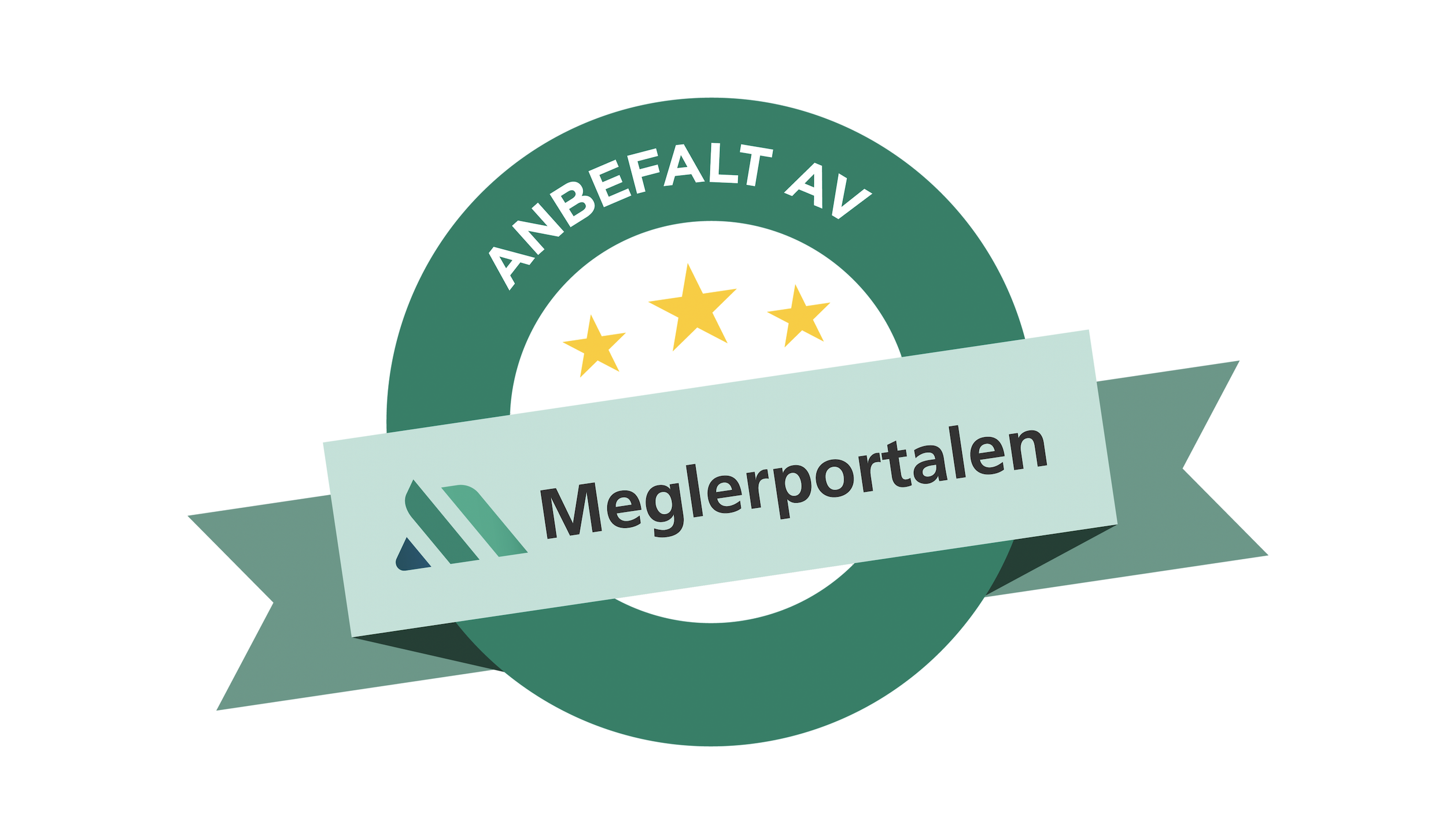 Et sertifiseringsmerke med teksten "Anbefalt av Meglerportalen" og tre gule stjerner i midten.