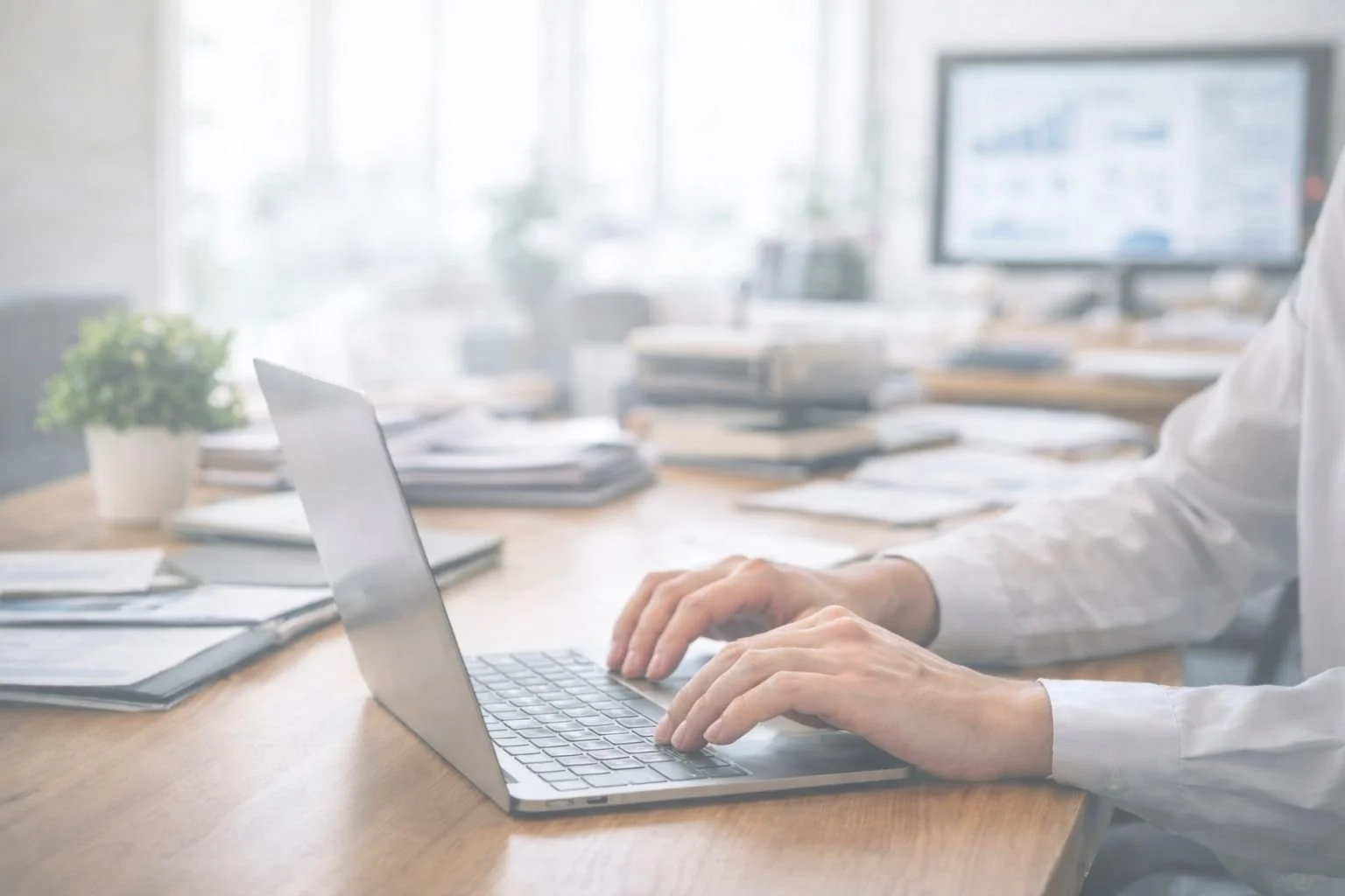 Person typing on a laptop at a cluttered office desk with stacks of paper and a small potted plant, in front of a large window.