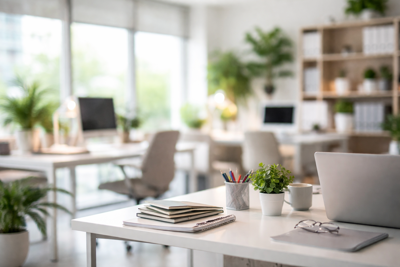 Office workspace with a white desk, notebooks, potted plants, a coffee mug, eyeglasses, and a laptop, with additional desks and shelves in a bright, modern office environment.