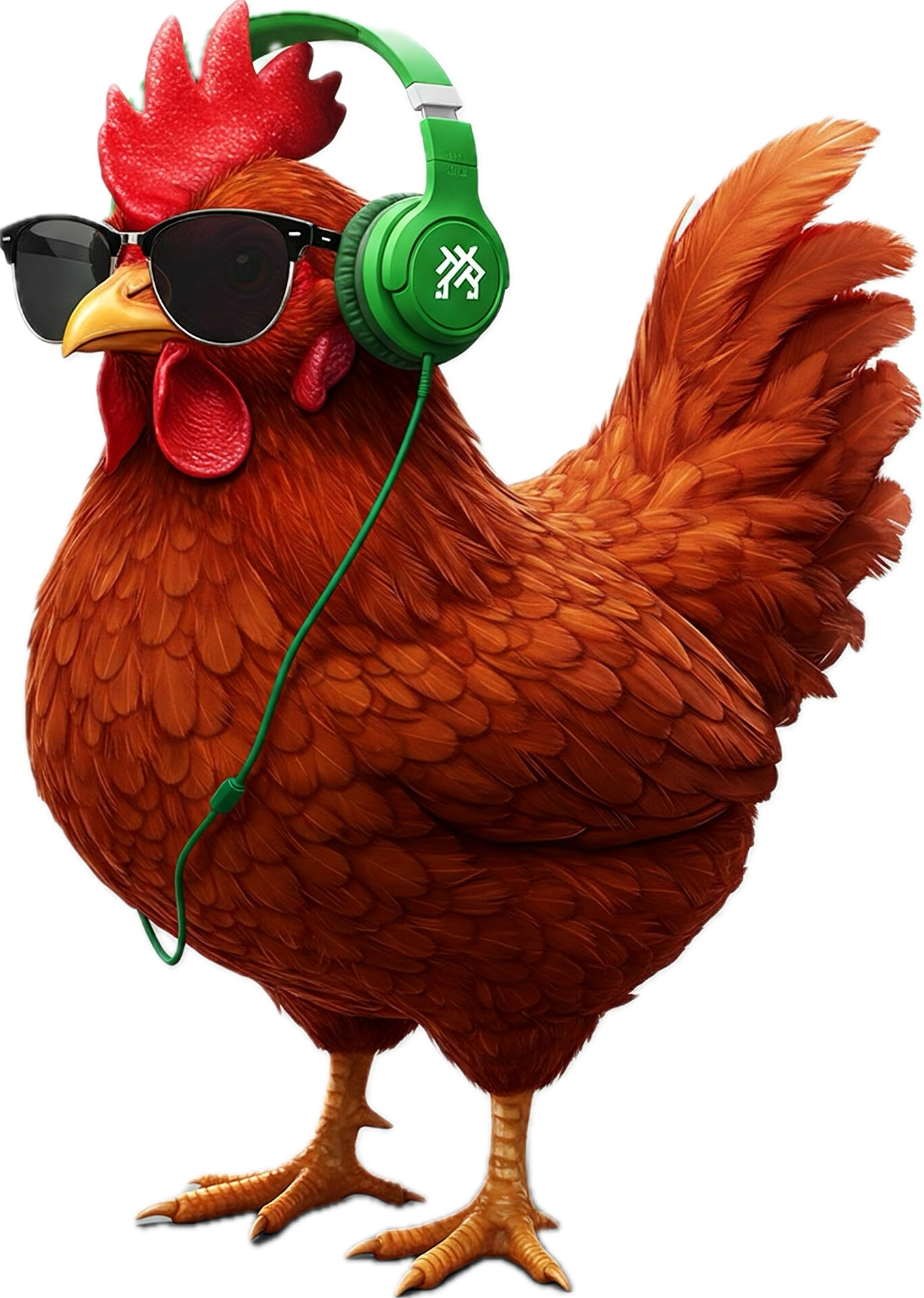 A cartoon chicken wearing black sunglasses and green headphones.
