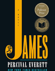 The book cover for 'James' by Percival Everett, featuring the Pulitzer Prize logo and a gold and black color scheme.