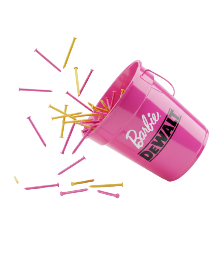Pink cup with 'Barbie DEMOLITION' written on it, tipped over with toothpicks spilling out and scattered around.