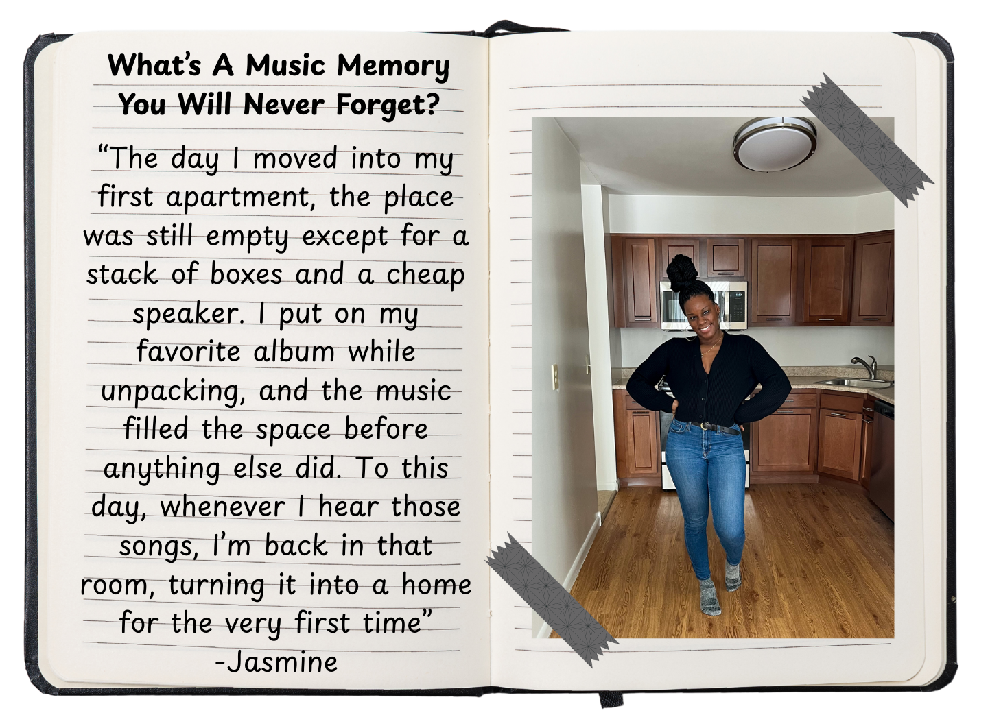 Open scrapbook with handwritten note on the left page and a woman standing in a kitchen on the right page. The note is titled "What's A Music Memory You Will Never Forget?" and describes a memory of unpacking in a new apartment. The woman wears a black sweater and blue jeans, smiling with hands on hips, in a kitchen with wooden cabinets and a microwave.