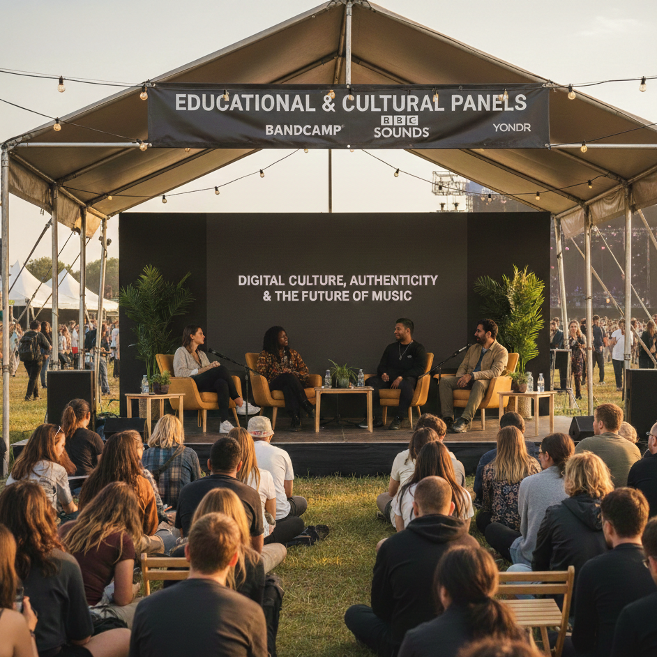Panel discussion at an outdoor event with a banner reading 'Educational & Cultural Panels' and a large screen displaying 'Digital Culture, Authenticity & The Future of Music.' Four people are seated on stage in chairs, engaging with the audience.