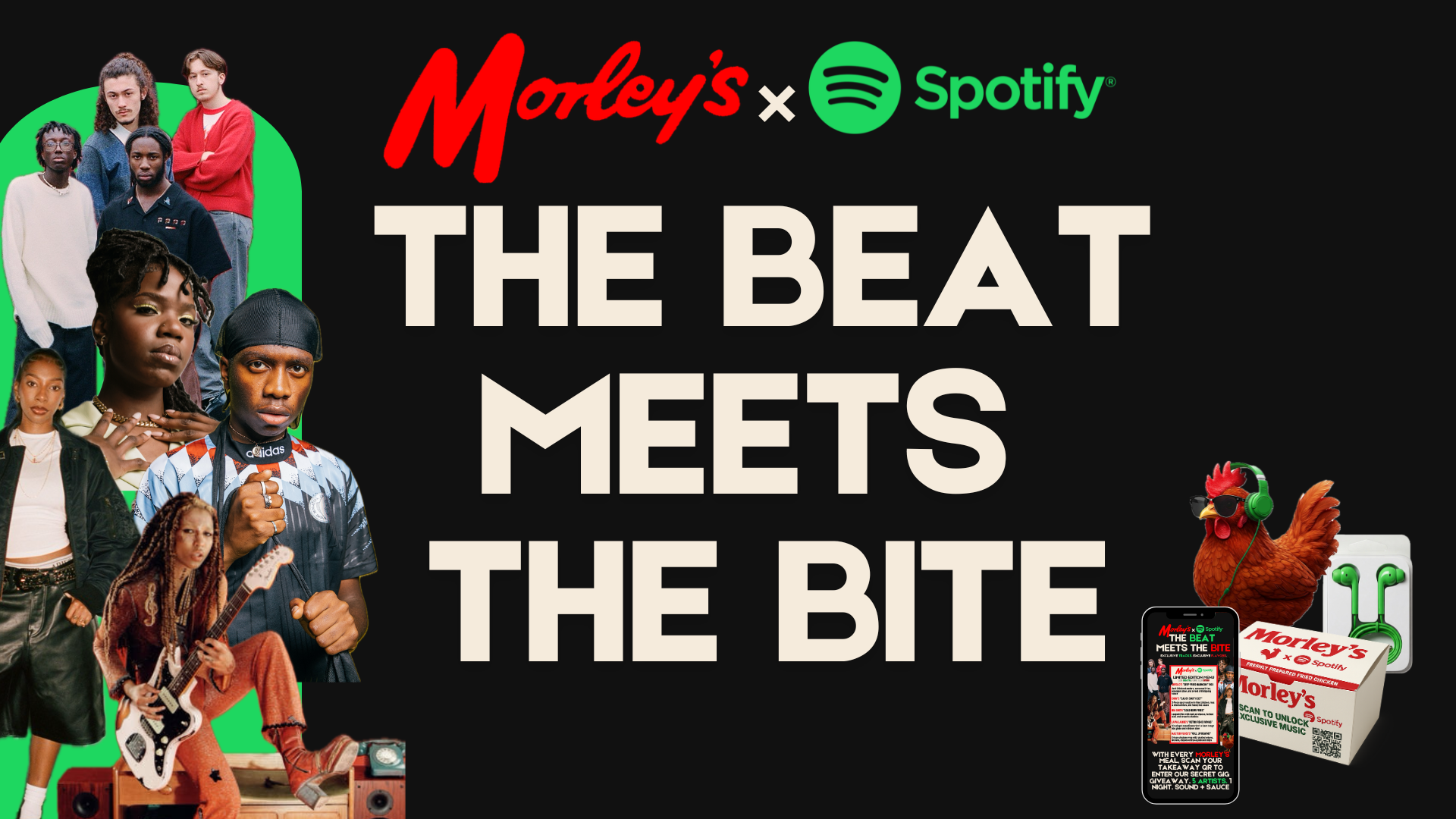 Collage featuring diverse music artists and a rooster with headphones, promoting Morley's and Spotify collaboration event titled 'The Beat Meets the Bite' with a QR code and digital devices.
