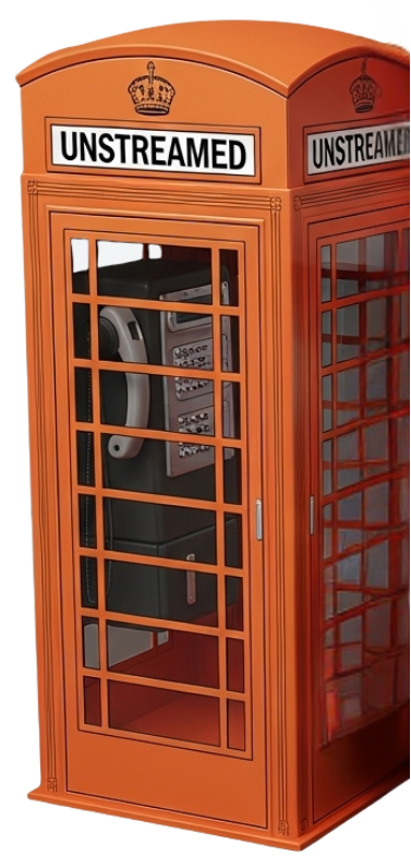 An orange traditional British phone booth with a sign that reads "UNSTREAMED" on top, as the door is open revealing an ATM inside.