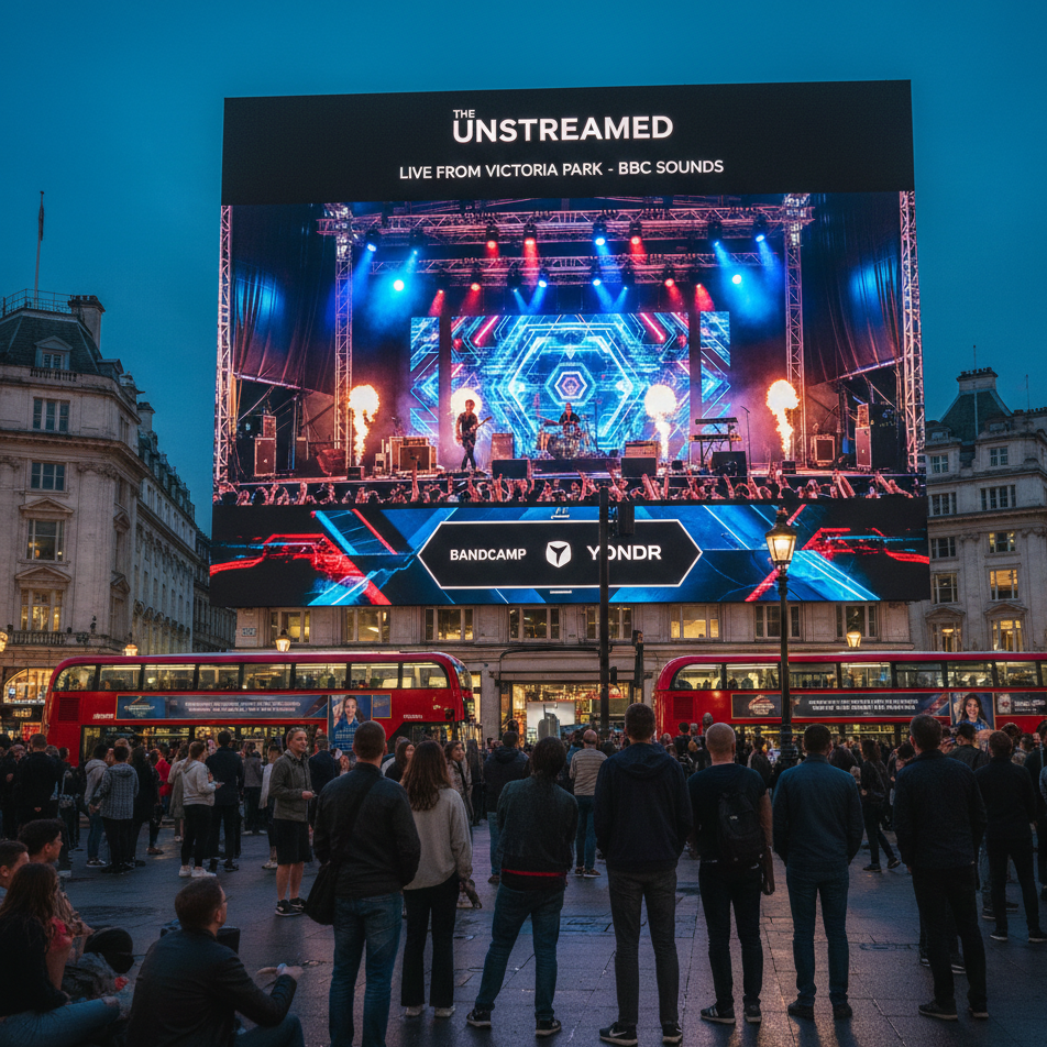 Outdoor concert stage at Victoria Park with a large LED screen displaying a band performing. Audience gathered in front, with two red double-decker buses parked nearby. The event is titled 'The Unstreamed' and features live music from BBC Sounds, Bandcamp, and YOND R.