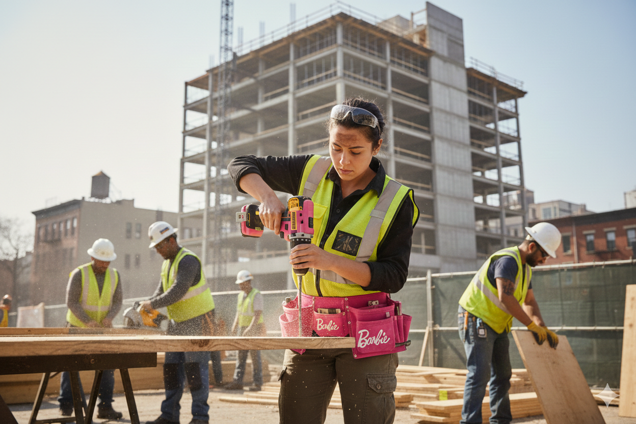 A woman construction worker wears a yellow safety vest, working with a drill on wooden planks at a construction site with a multi-story building under construction in the background.