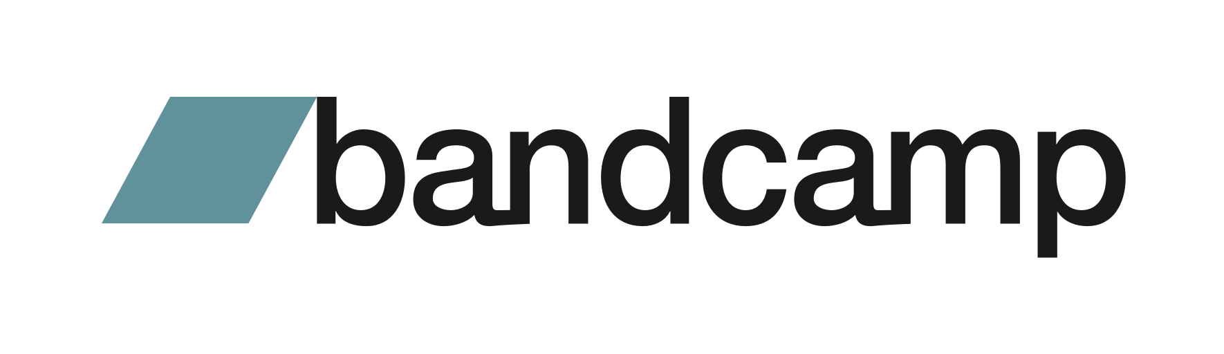 Bandcamp logo with a stylized blue parallelogram and the word 'bandcamp' in black lowercase letters.